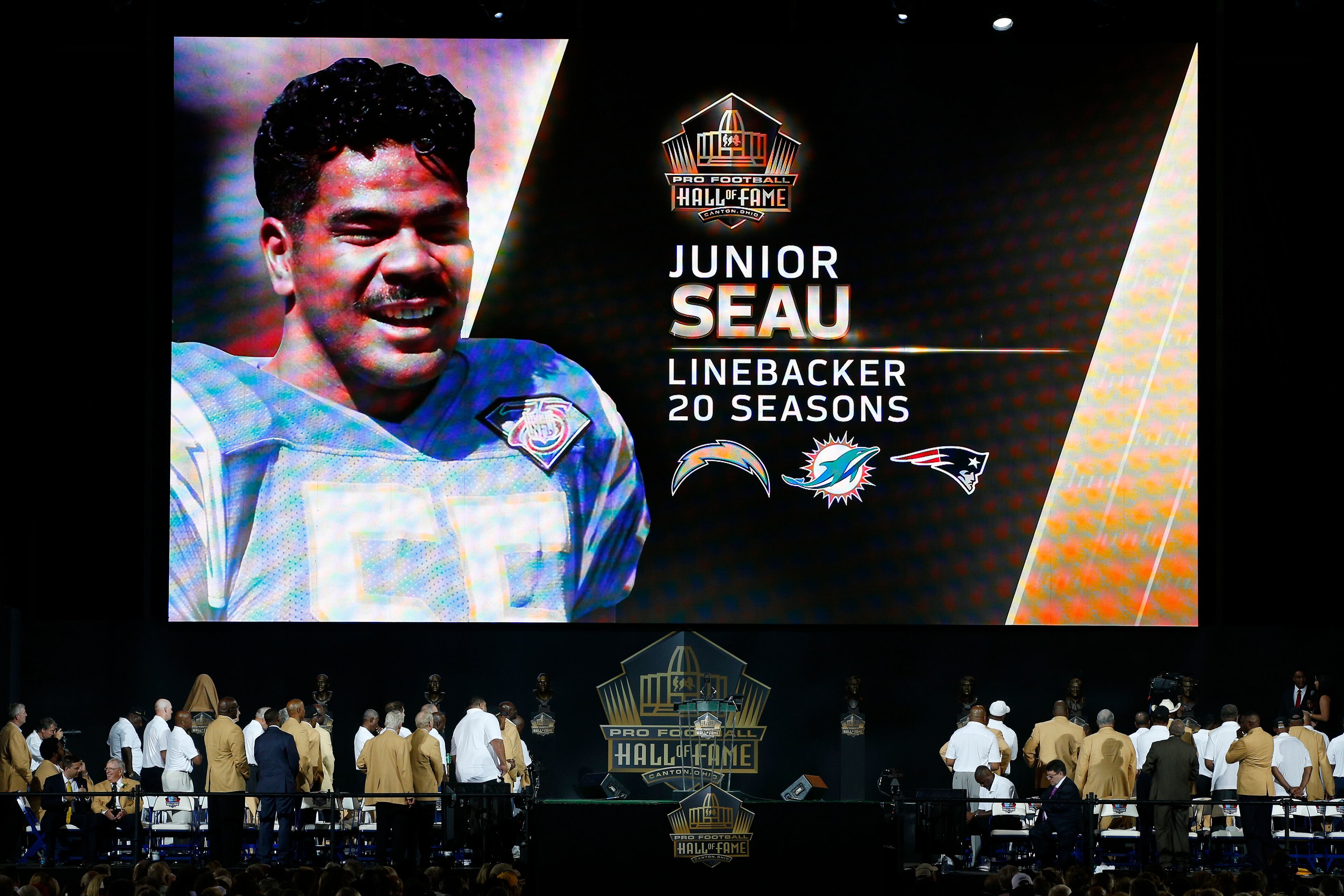 CANTON, OH - AUGUST 8: Junior Seau is honored on the video board during the NFL Hall of Fame induction ceremony at Tom Benson Hall of Fame Stadium on August 8, 2015 in Canton, Ohio. (Photo by Joe Robbins/Getty Images)