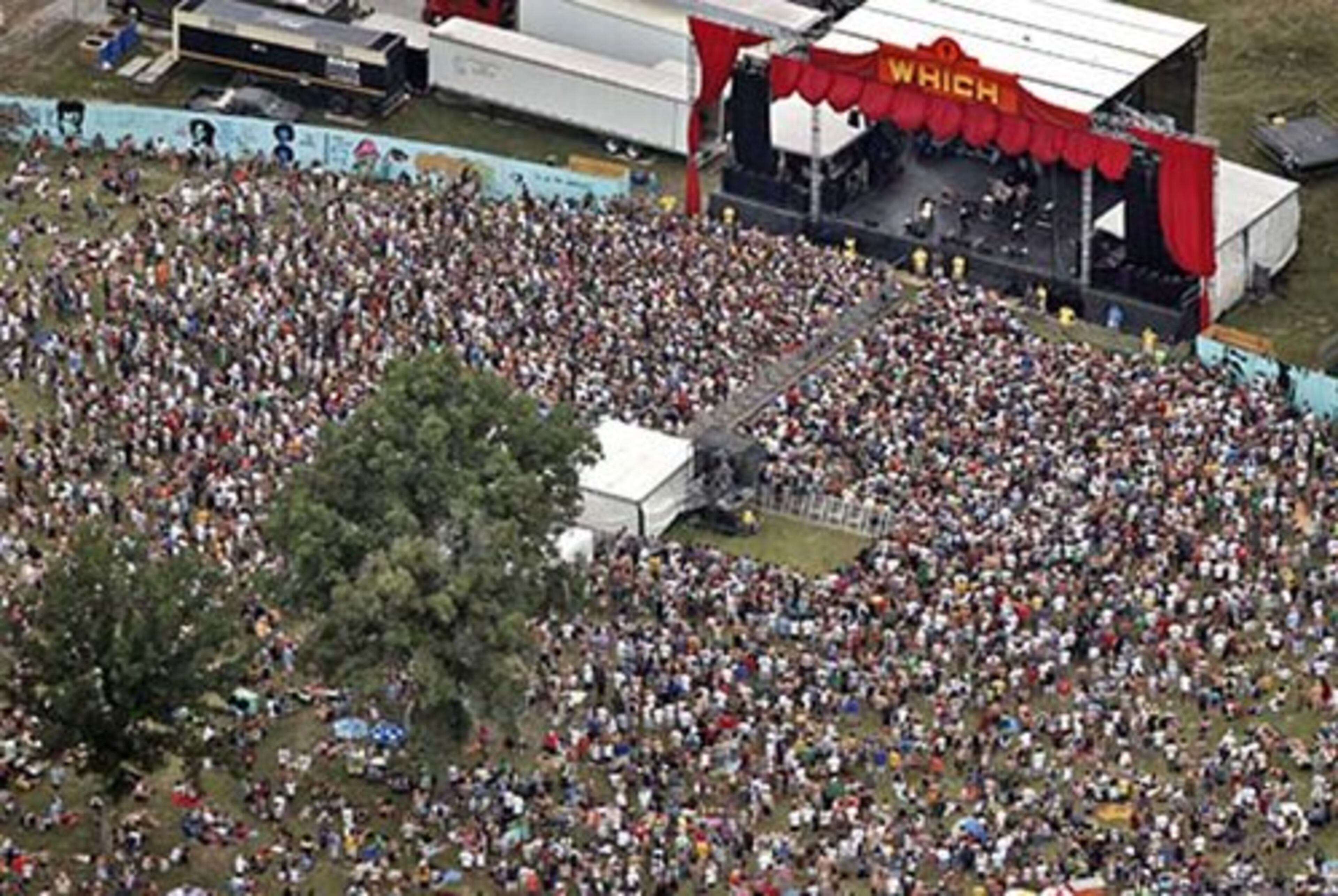 An aerial shot of part of the large Bonnaroo crowd in front of the 'Which' stage.