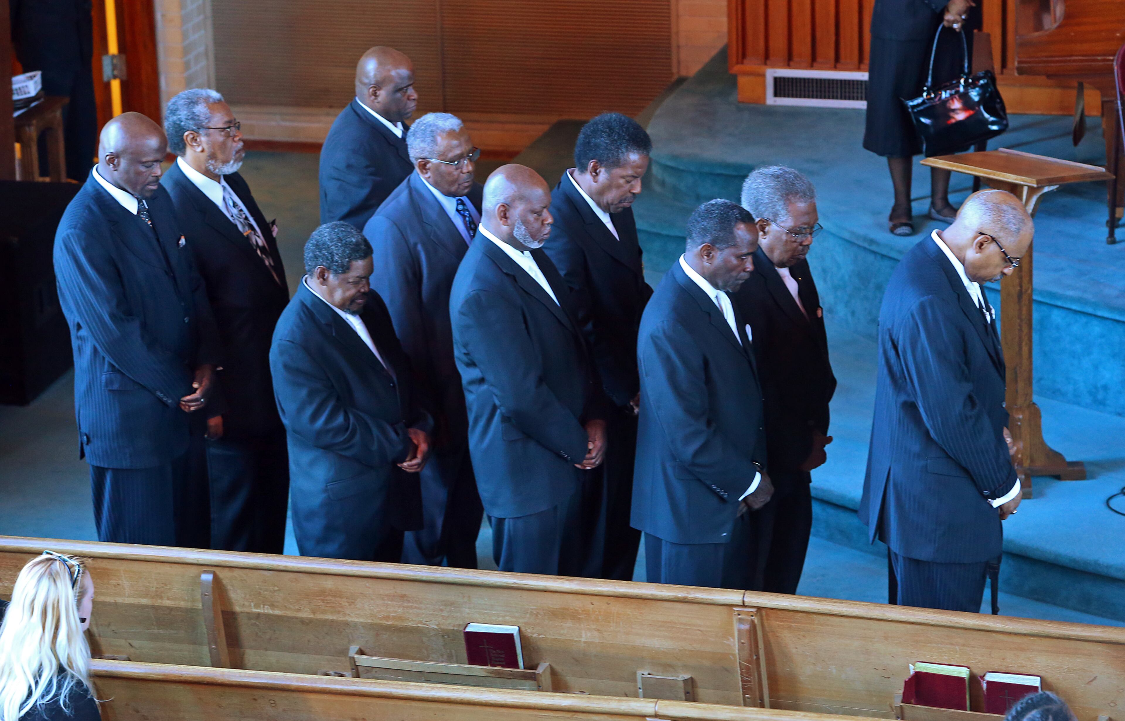 Mount Vernon Baptist Church deacons line up at the conclusion of their final worship service on Sunday, March 9, 2014, in Atlanta. CURTIS COMPTON / CCOMPTON@AJC.COM