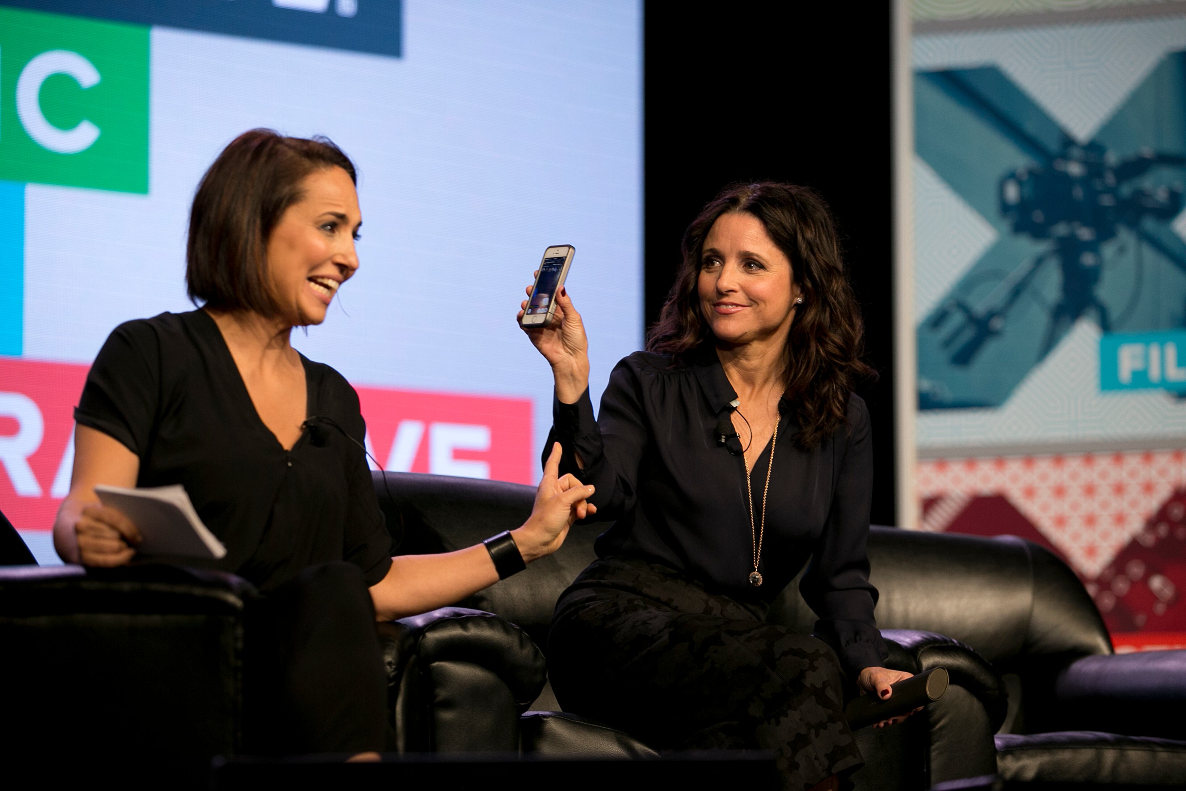 Anne Fulenwider, Editor in Chief of Marie Claire, interviews Julia Louis-Dreyfus as she uses the Meerkat app during SXSW at the Austin Convention Center on Monday, March 16, 2015.