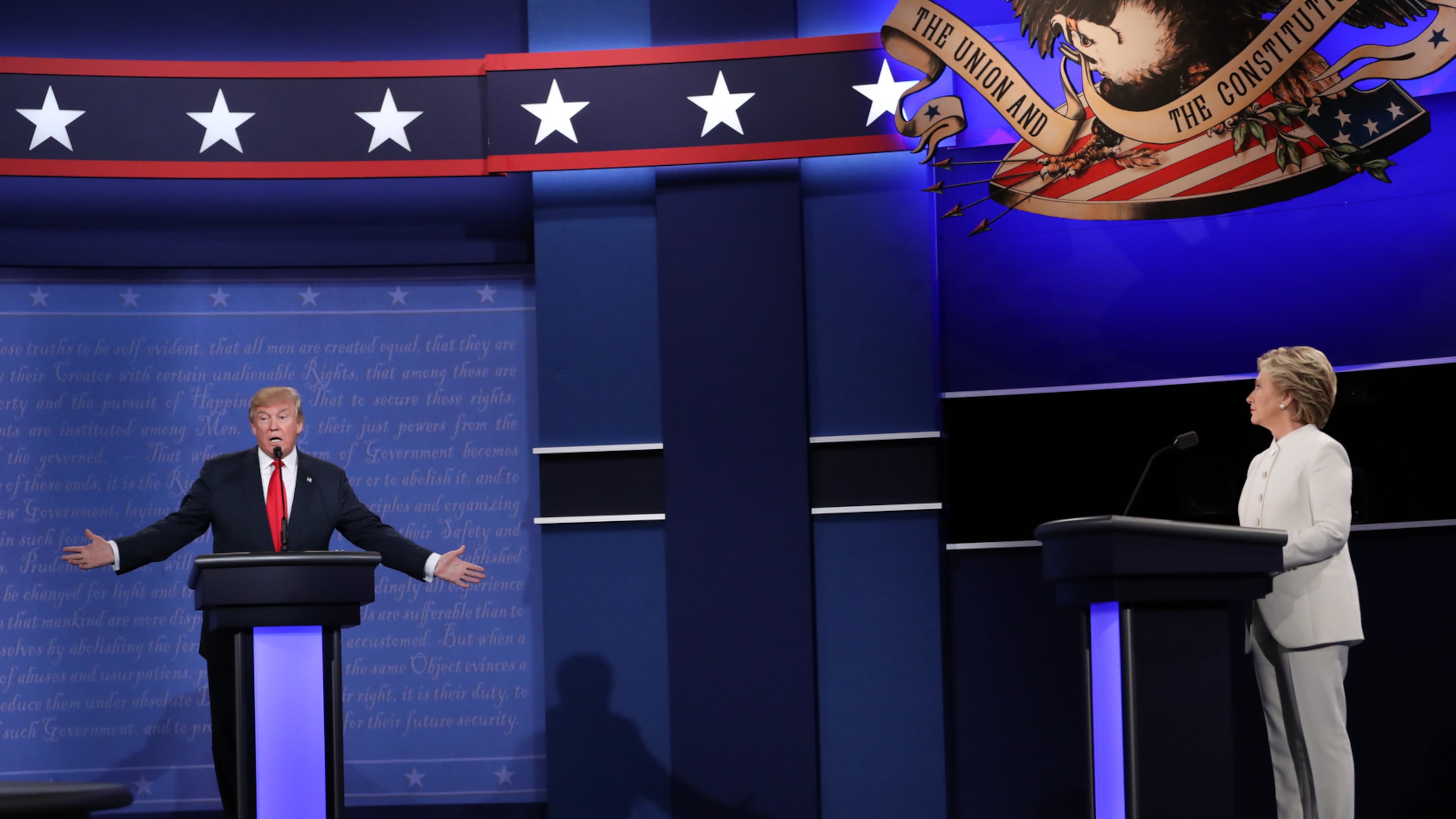 Hillary Clinton looks on as Donald Trump speaks during their third and final presidential debate at the University of Nevada, Las Vegas, Oct. 19, 2016. Trump entered the third presidential debate Wednesday night trailing by a wider margin in national polls than any modern candidate who has ever gone on to win the presidency. (Josh Haner/The New York Times)