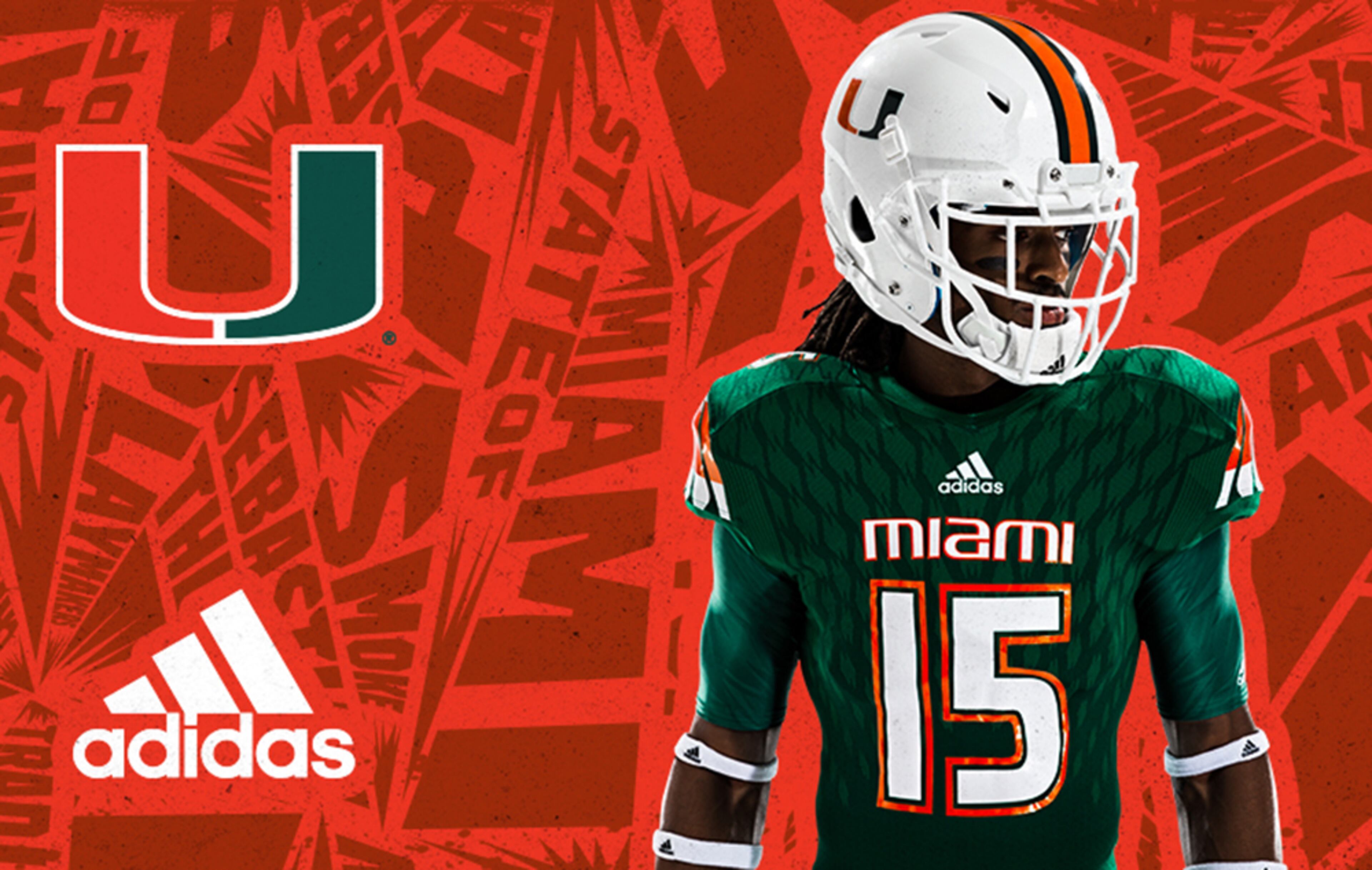 The Miami Hurricanes will enter the 2015 season with new uniforms that are highlighted by updated metallic stripes on the jerseys and pants, incorporating hurricane style cuts and patterns.