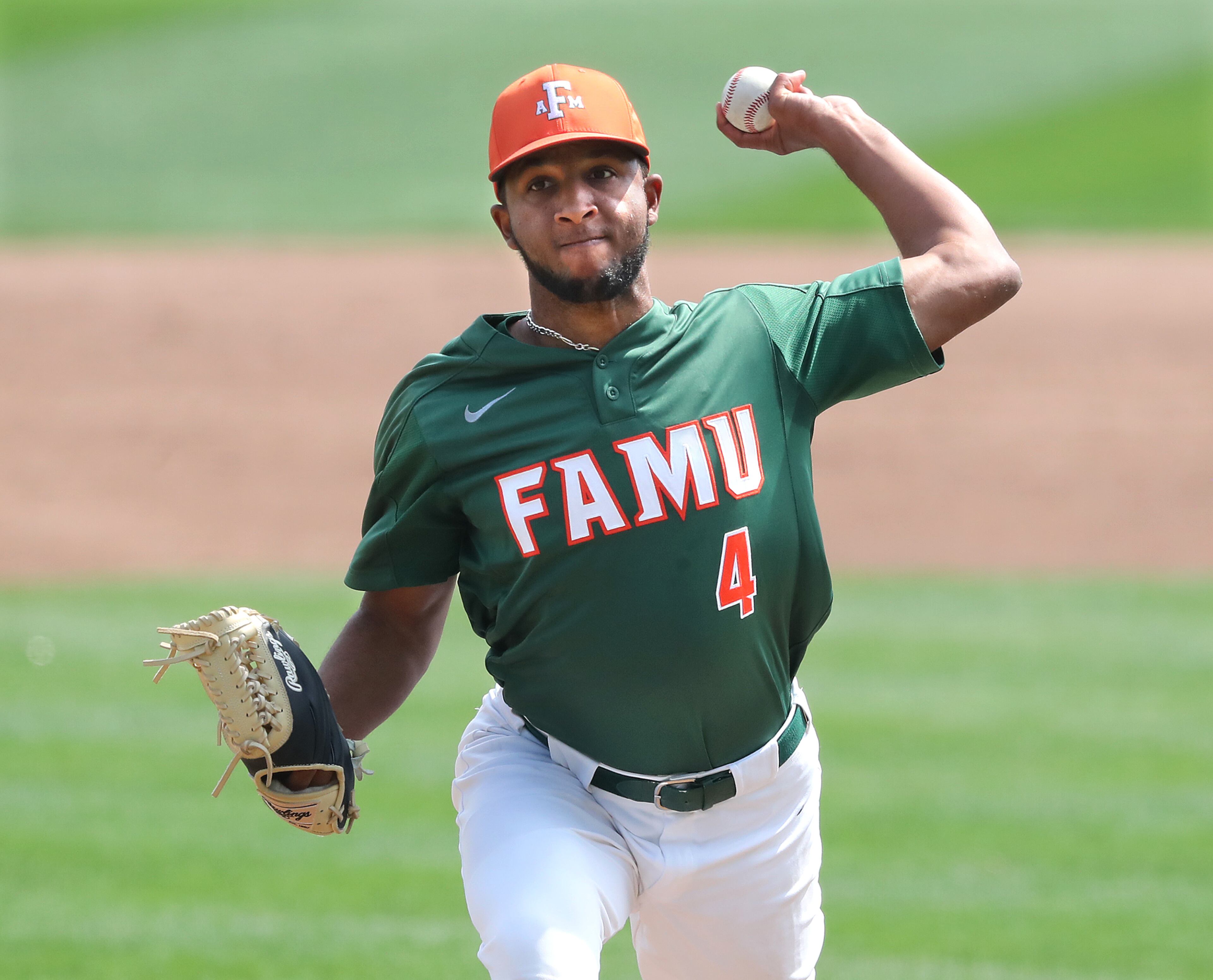 Florida A&M starting pitcher Kelyn Fox delivers against Grambling State during the first inning of the HBCU Baseball Classic - an inaugural even hosted by the Atlanta Braves - Sunday, March 14, 2021, at Coolray Field in Lawrenceville. (Curtis Compton / Curtis.Compton@ajc.com)