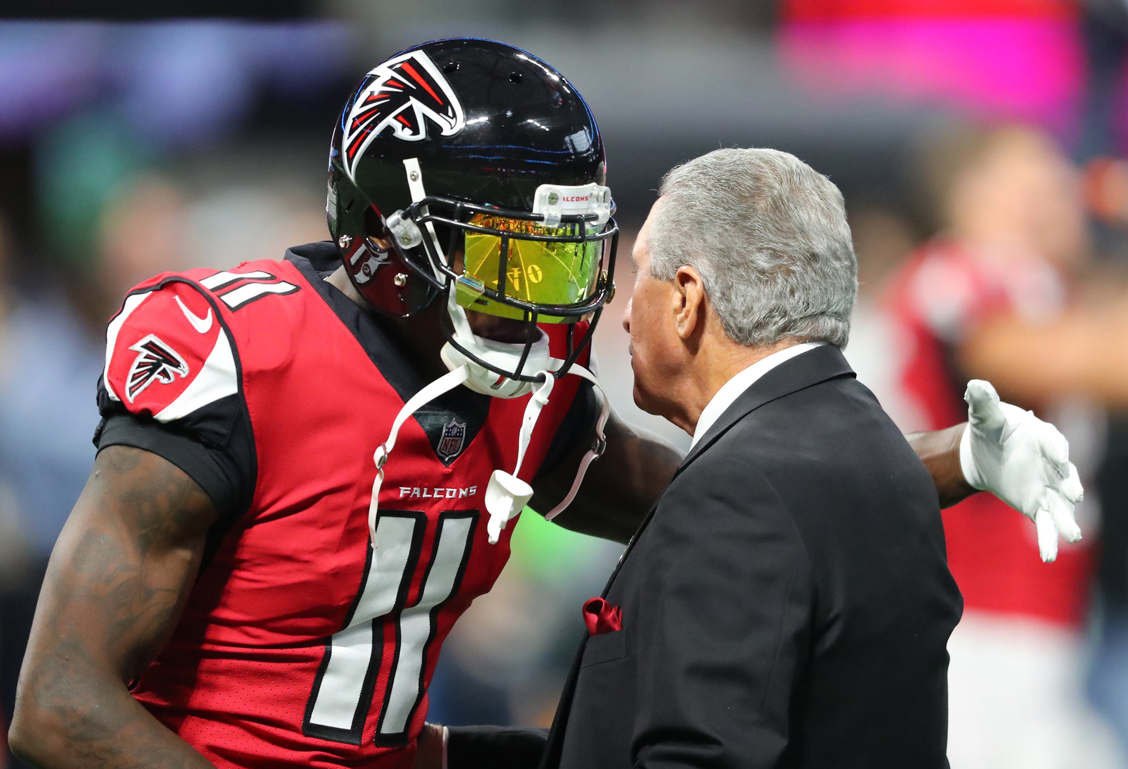 November 12, 2017 Atlanta : Julio Jones gives Falcons owner Arthur Blank a hug before playing the Cowboys in a NFL football game on Sunday, November 12, 2017, in Atlanta. Curtis Compton/ccompton@ajc.com