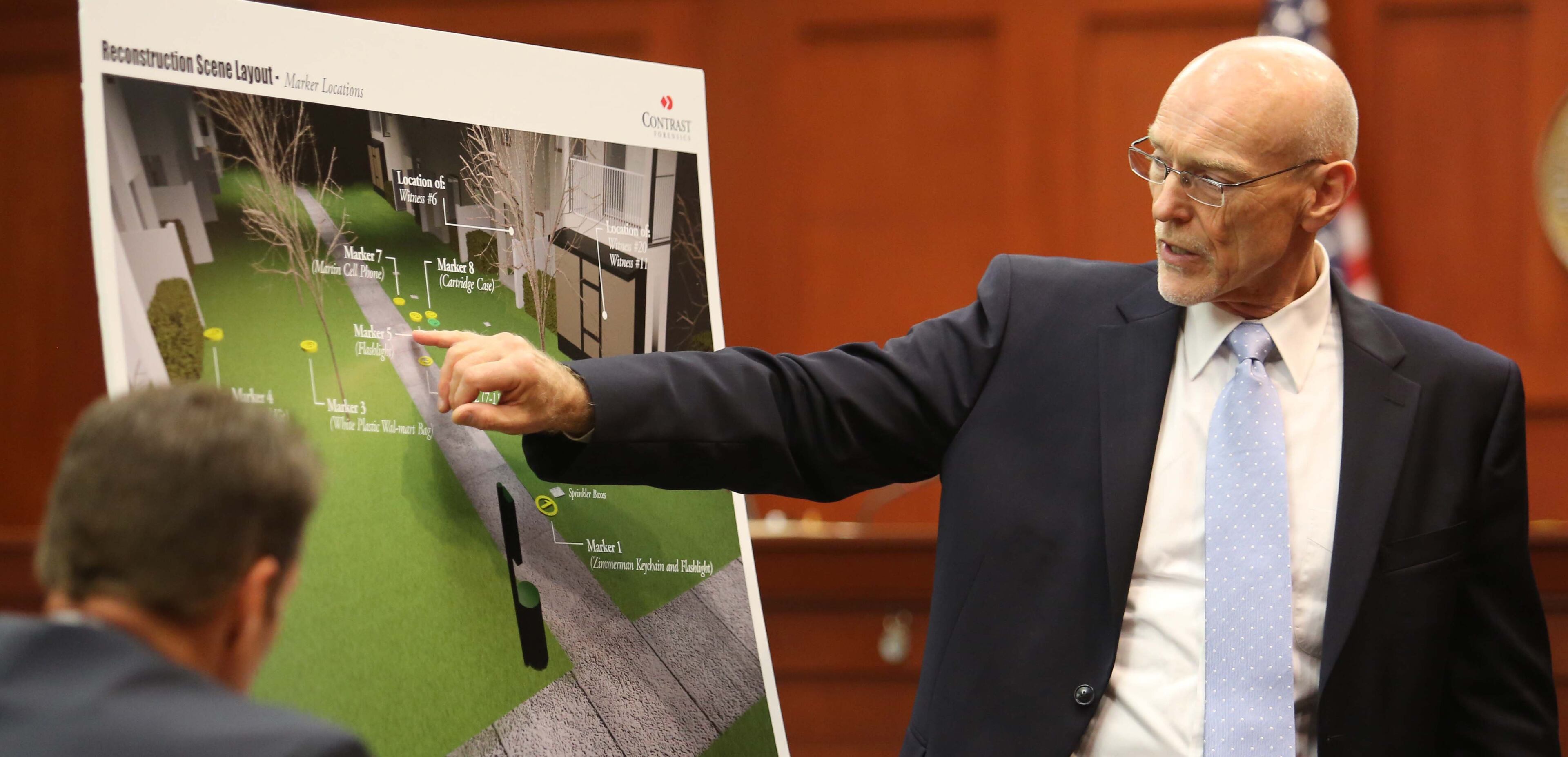 Don West, defense attorney for George Zimmerman, shows a graphic of the crime scene during court proceedings in Sanford, Florida, Monday, June 24, 2013. Zimmerman is accused in the fatal shooting of Trayvon Martin. (Joe Burbank/Orlando Sentinel/MCT)