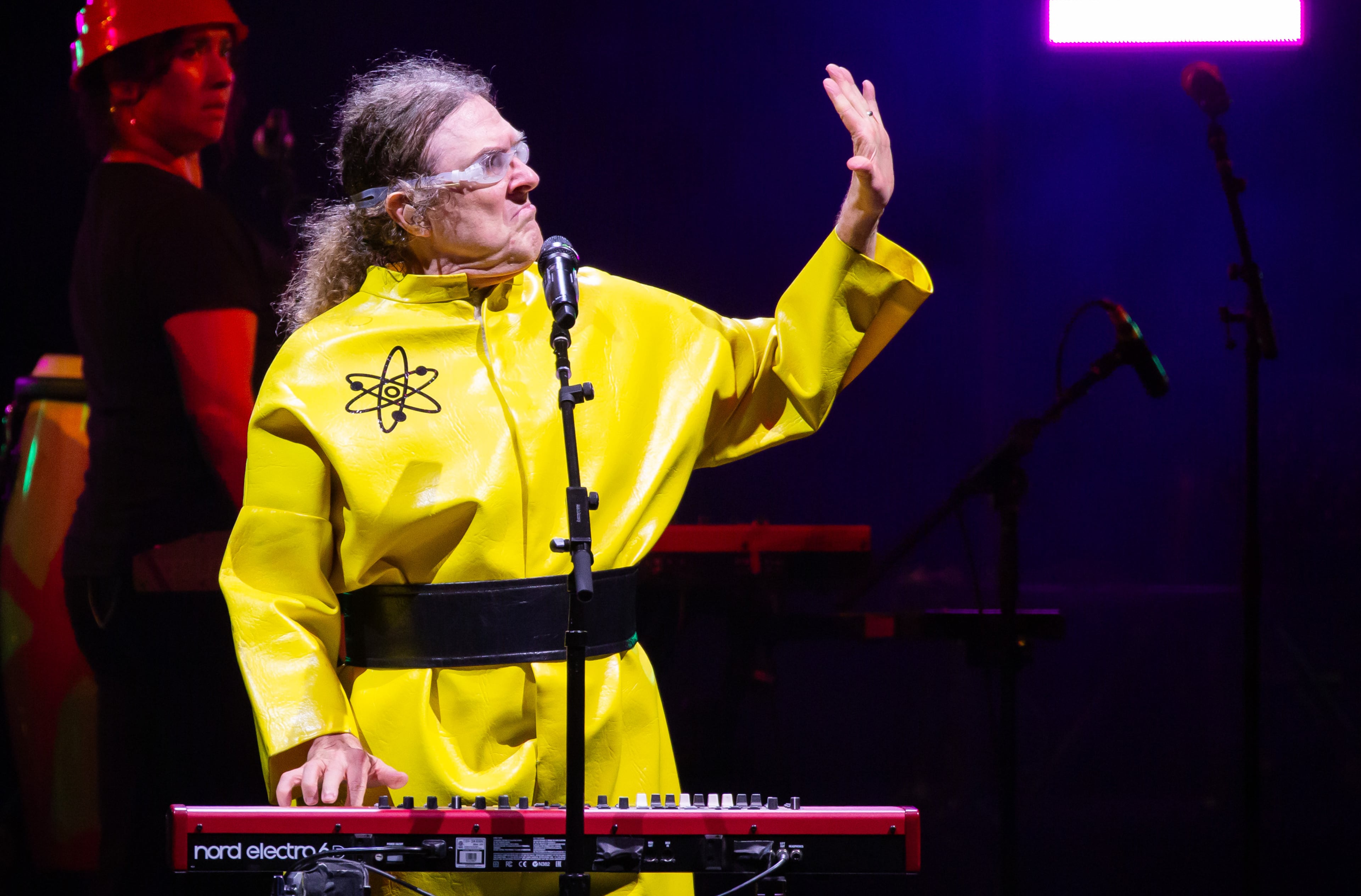 Alpharetta, Ga: "Weird Al" Yankovic playing "Dare to Be Stupid" complete with Devon-inspired costume. Yankovic played a stunningly wide array of his humorous songs Sunday night along with matching costume changes and video montages. Photo taken Sunday May 31, 2026 at Ameris Bank Amphitheatre. 060126 weird al (RYAN FLEISHER FOR THE ATLANTA JOURNAL-CONSTITUTION)