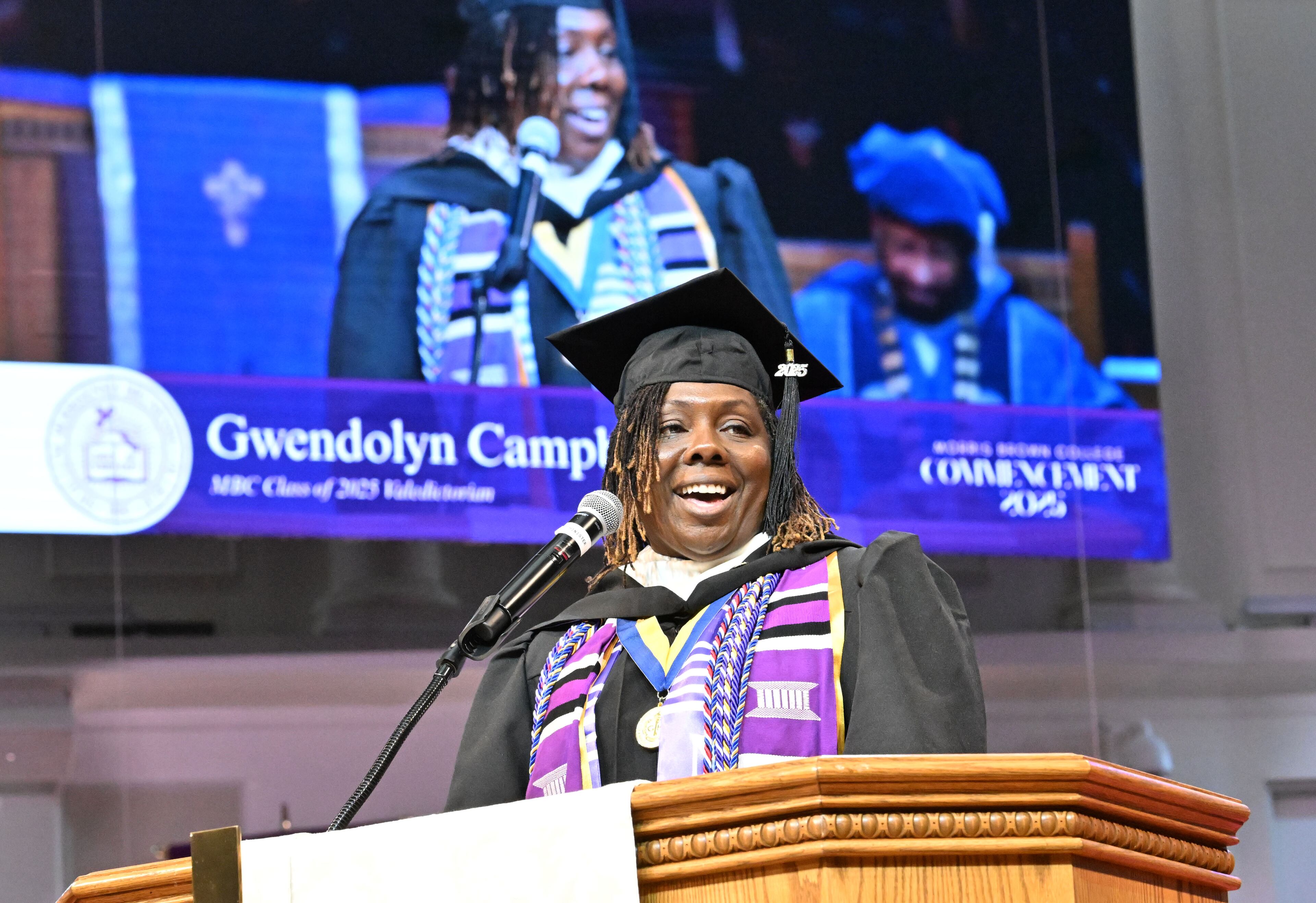 Gwendolyn Campbell delivers her response speech during Morris Brown College's commencement at St. Philip AME Church on Saturday, May 17, 2025, in Atlanta. (Hyosub Shin/AJC)