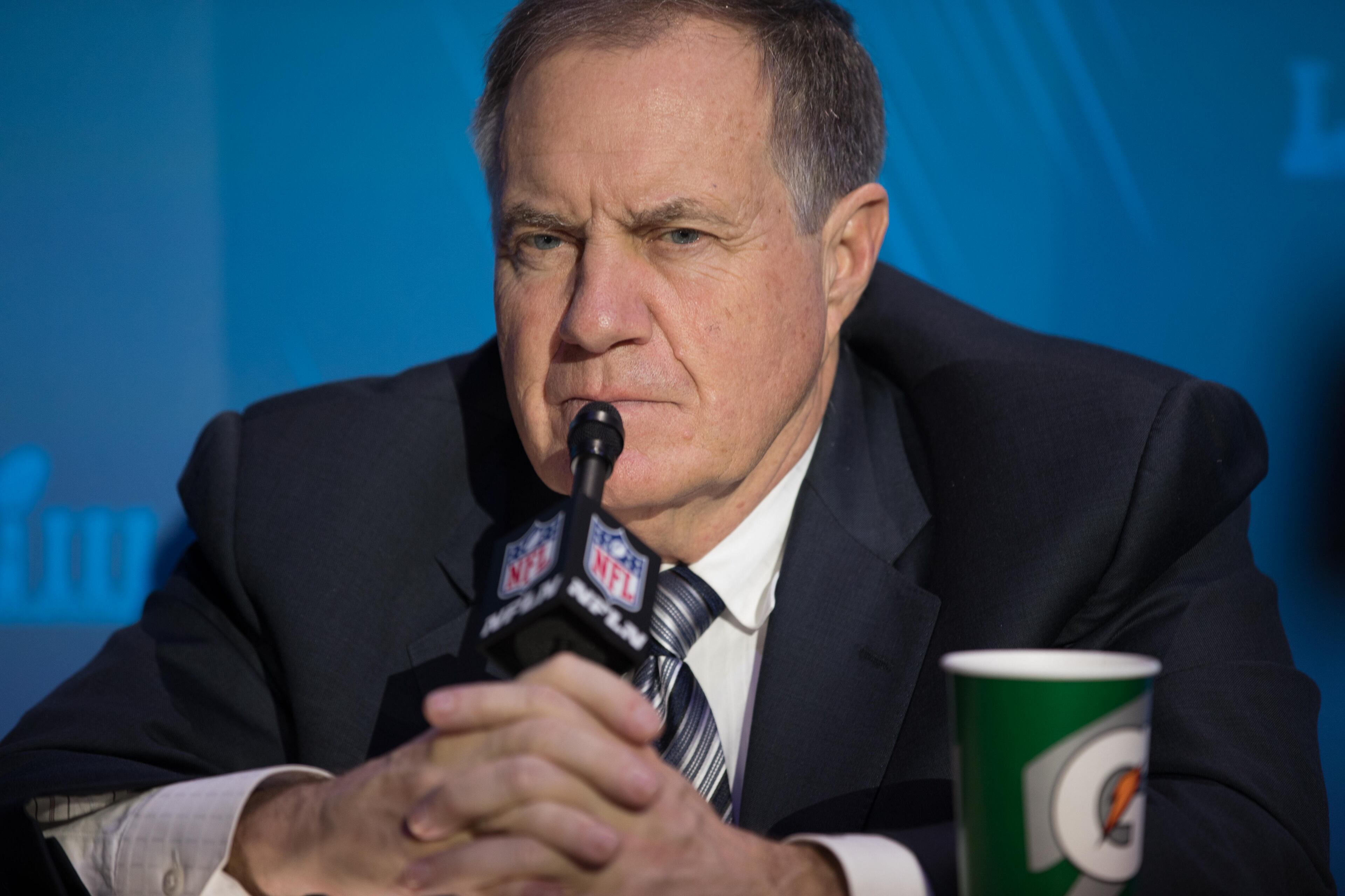 Patriots coach Bill Belichick listens to a question from the media gathering. (Branden Camp/Special)