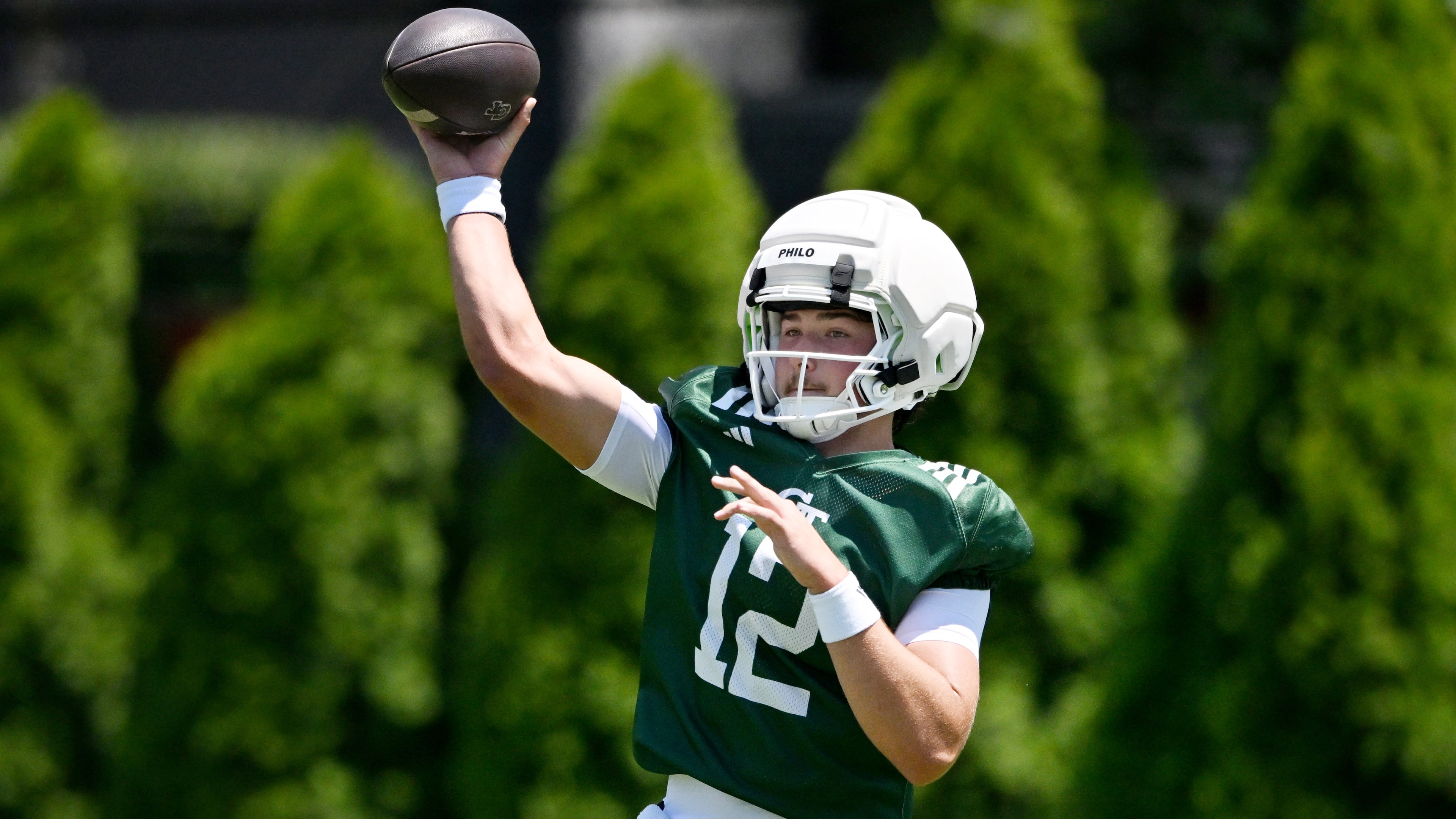 Georgia Tech quarterback Aaron Philo, shown participating in drills during a July practice, led the Yellow Jackets onto the field for Tech’s first offensive possession on Saturday. (Hyosub Shin/AJC)
