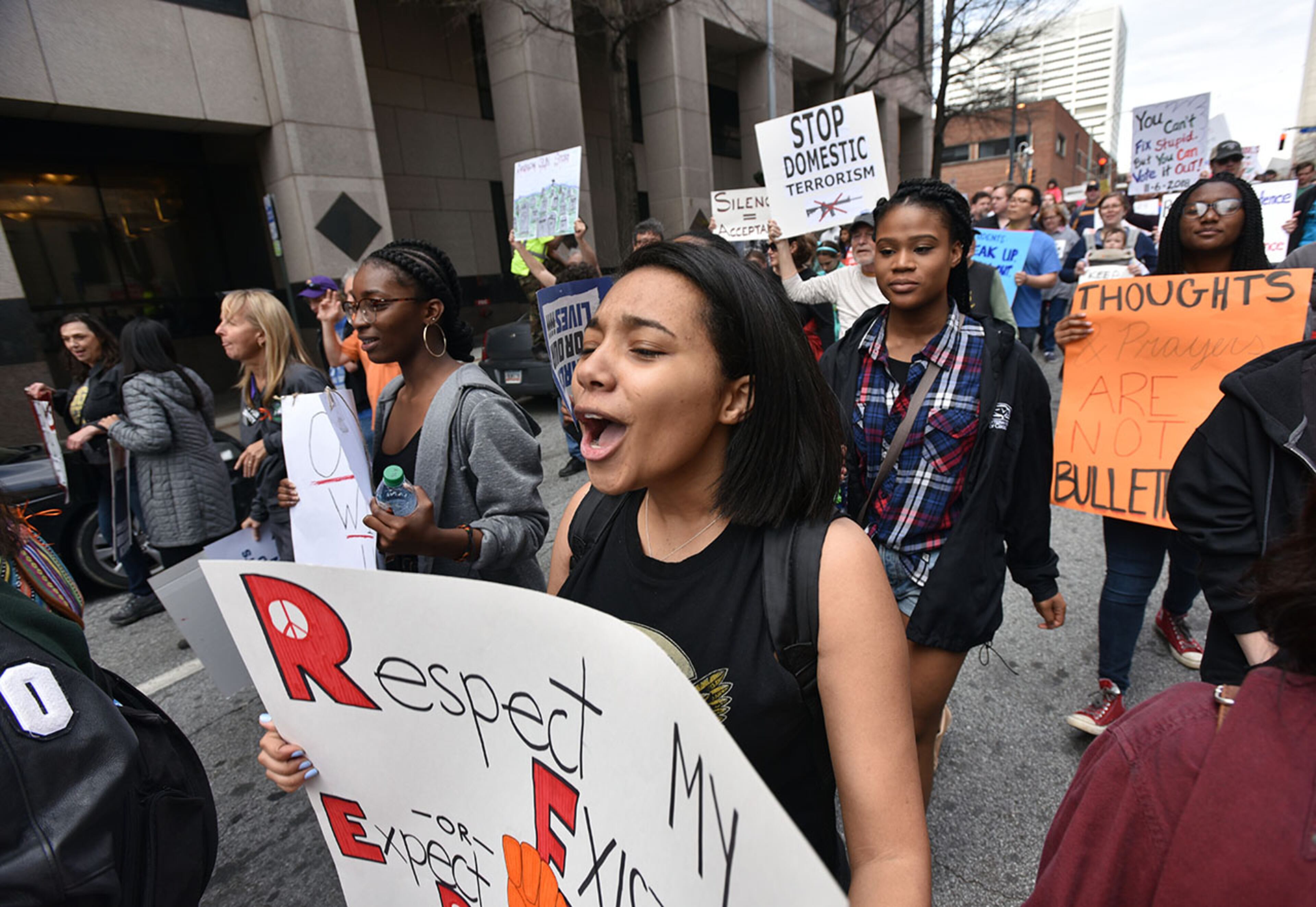 March 24, 2018 Atlanta - Thousands of people march to Liberty Plaza during the March For Our Lives rally in downtown Atlanta on Saturday, March 24, 2018. Atlanta police estimated the crowd at near 30,000 for today's March for Our Lives. People of all ages were drawn to one of the nationwide demonstrations in a movement begun by student survivors of last month's mass killing in a Parkland, Fla., school. Some of those Florida students were among the speakers in Atlanta. HYOSUB SHIN / HSHIN@AJC.COM
