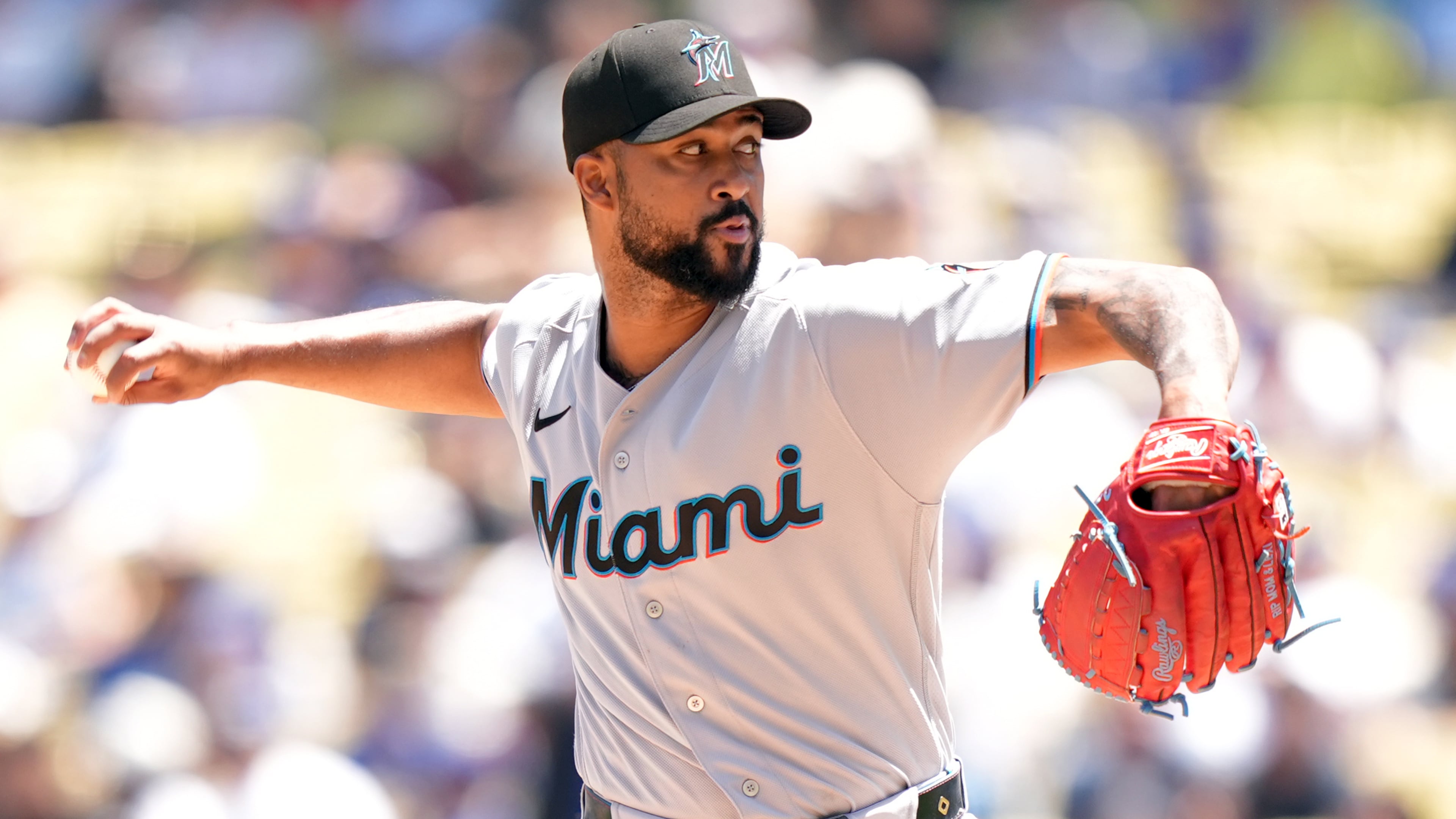 Miami Marlins' Sandy Alcantara (22) pitches against the Los Angeles Dodgers in the second inning of a baseball game Wednesday, April 29, 2026, in Los Angeles. (AP Photo/Scott Strazzante)