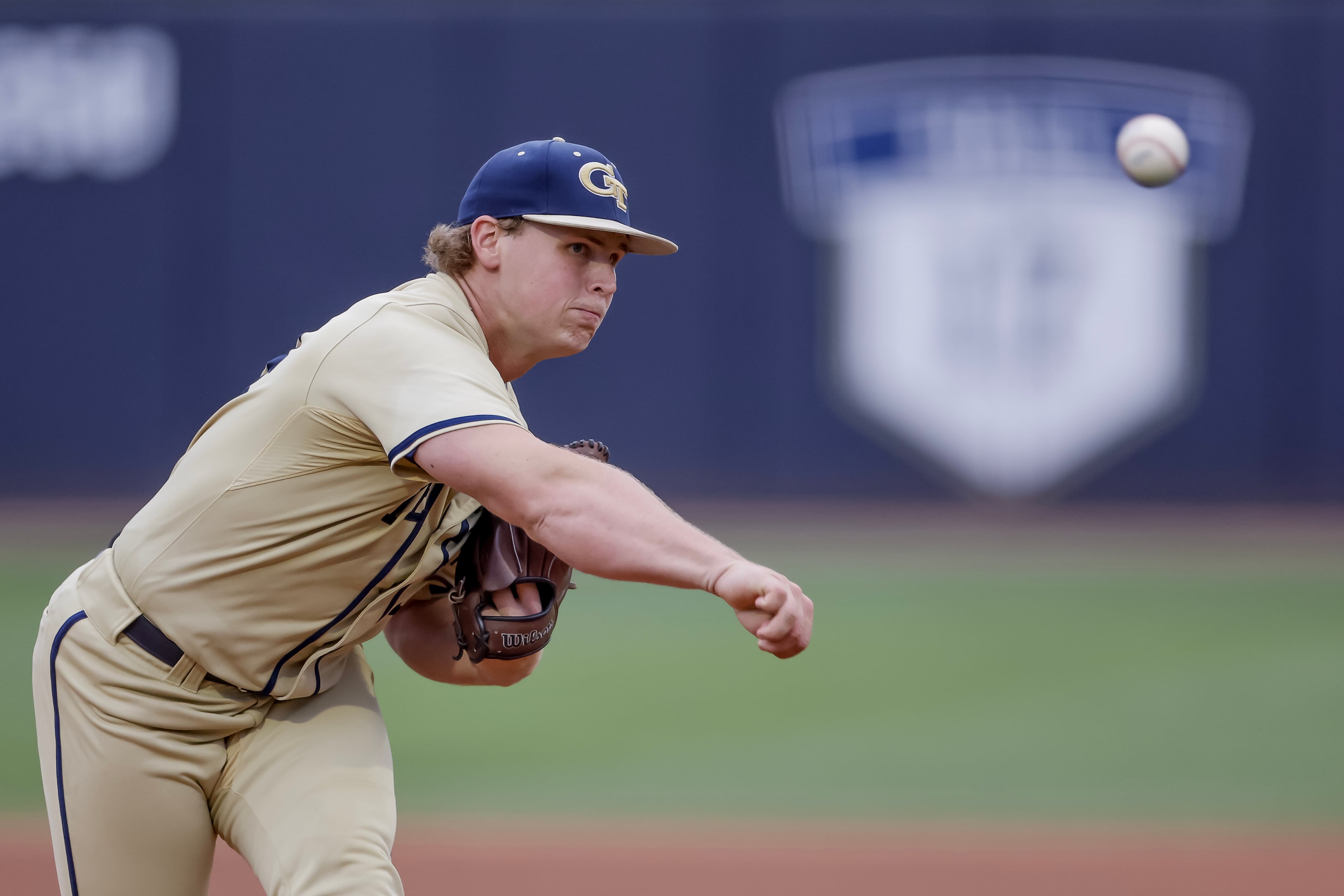 Georgia Tech pitcher Jackson Blakely (24) delivers to an Oklahoma batter during the first inning of the Atlanta Regional game at Russ Chandler Stadium, Sunday, May 31, 2026, in Atlanta. Tech lost 15-8, setting up a rubber match with Oklahoma on Monday that will decide who advances. (Erik S. Lesser for the AJC)