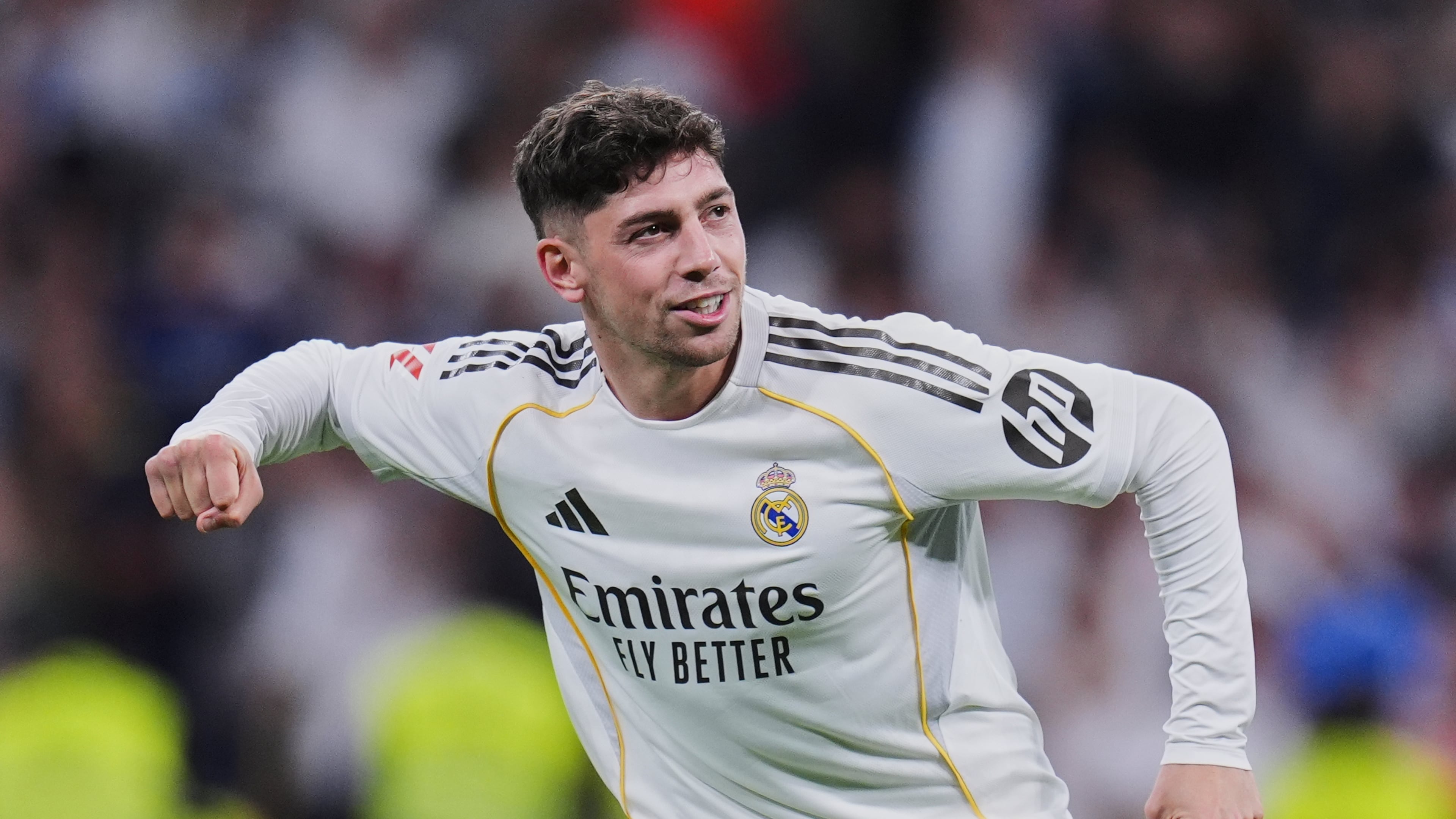 Real Madrid's Federico Valverde celebrates after scoring the opening goal during a Spanish La Liga soccer match between Real Madrid and Girona in Madrid, Spain, Friday, April 10, 2026. (AP Photo/Manu Fernandez)