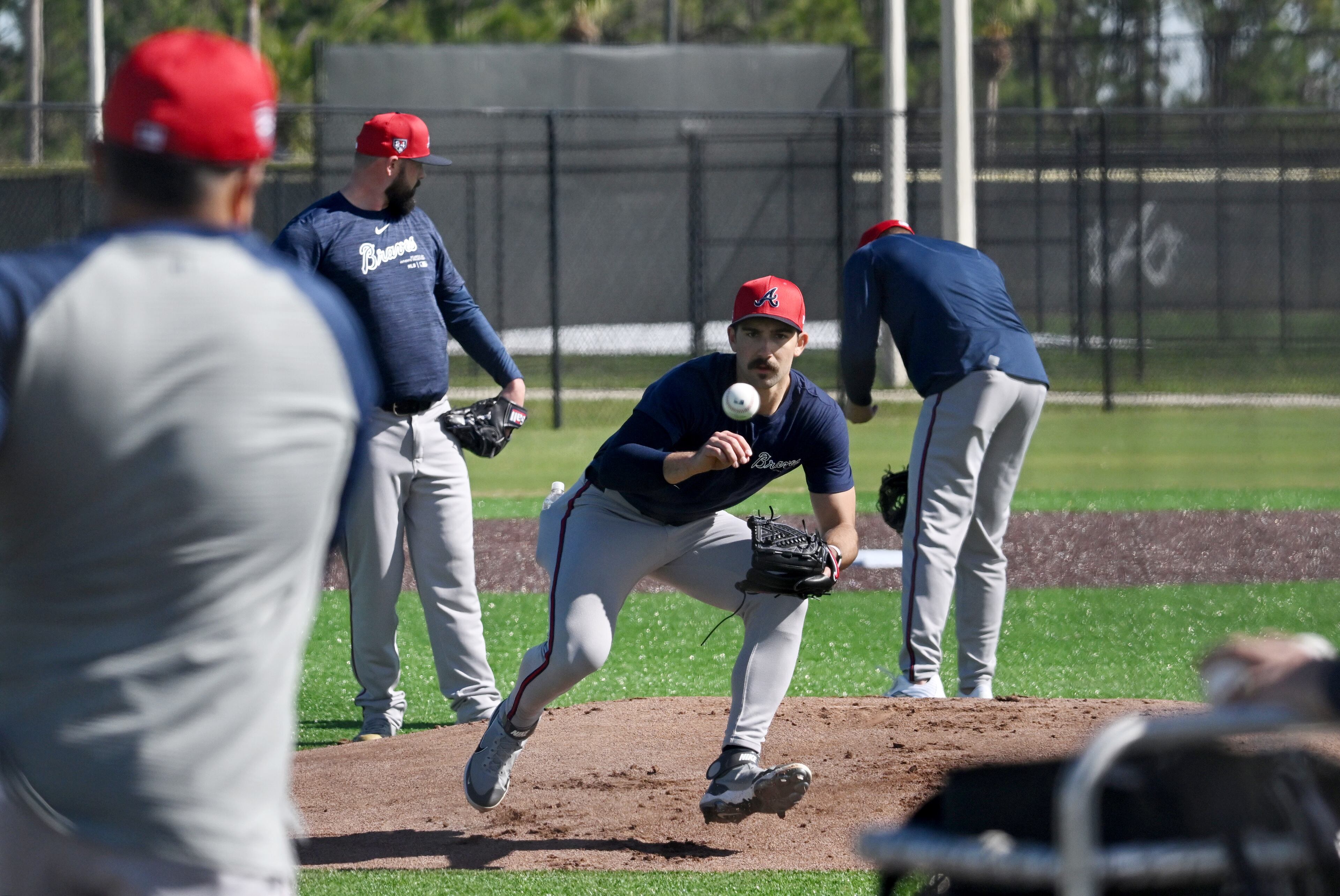 Braves starting pitcher Spencer Strider gets ready to field a ground a ball during spring training at CoolToday Park, in North Port, Florida on Wednesday, Feb., 14, 2024. (Hyosub Shin / Hyosub.Shin@ajc.com)