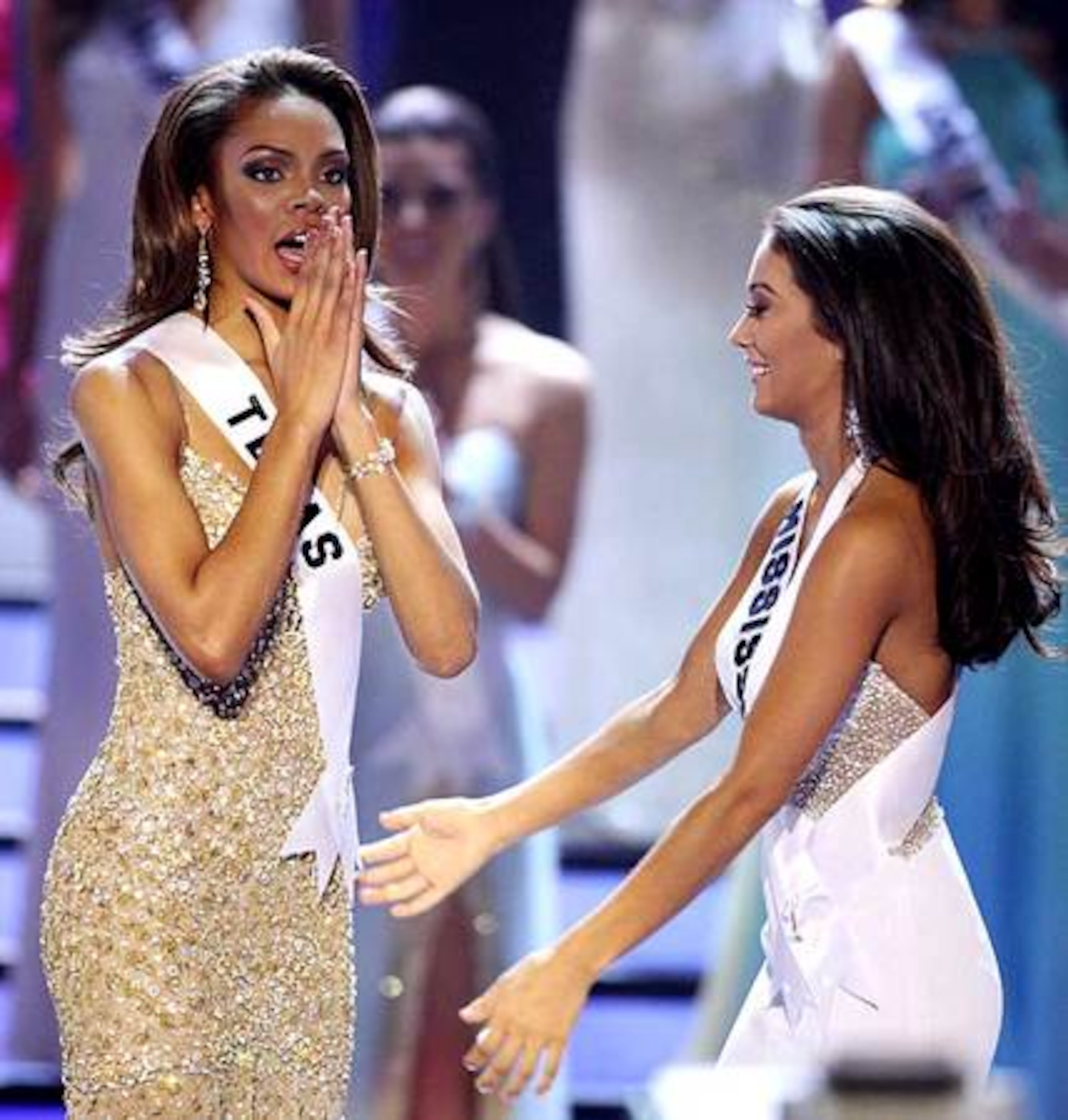 Miss Texas, Crystle Stewart, left, reacts alongside Miss Mississippi, Leah Laviano, as Stewart is announced as the new Miss USA during the 2008 Miss USA Pageant.
