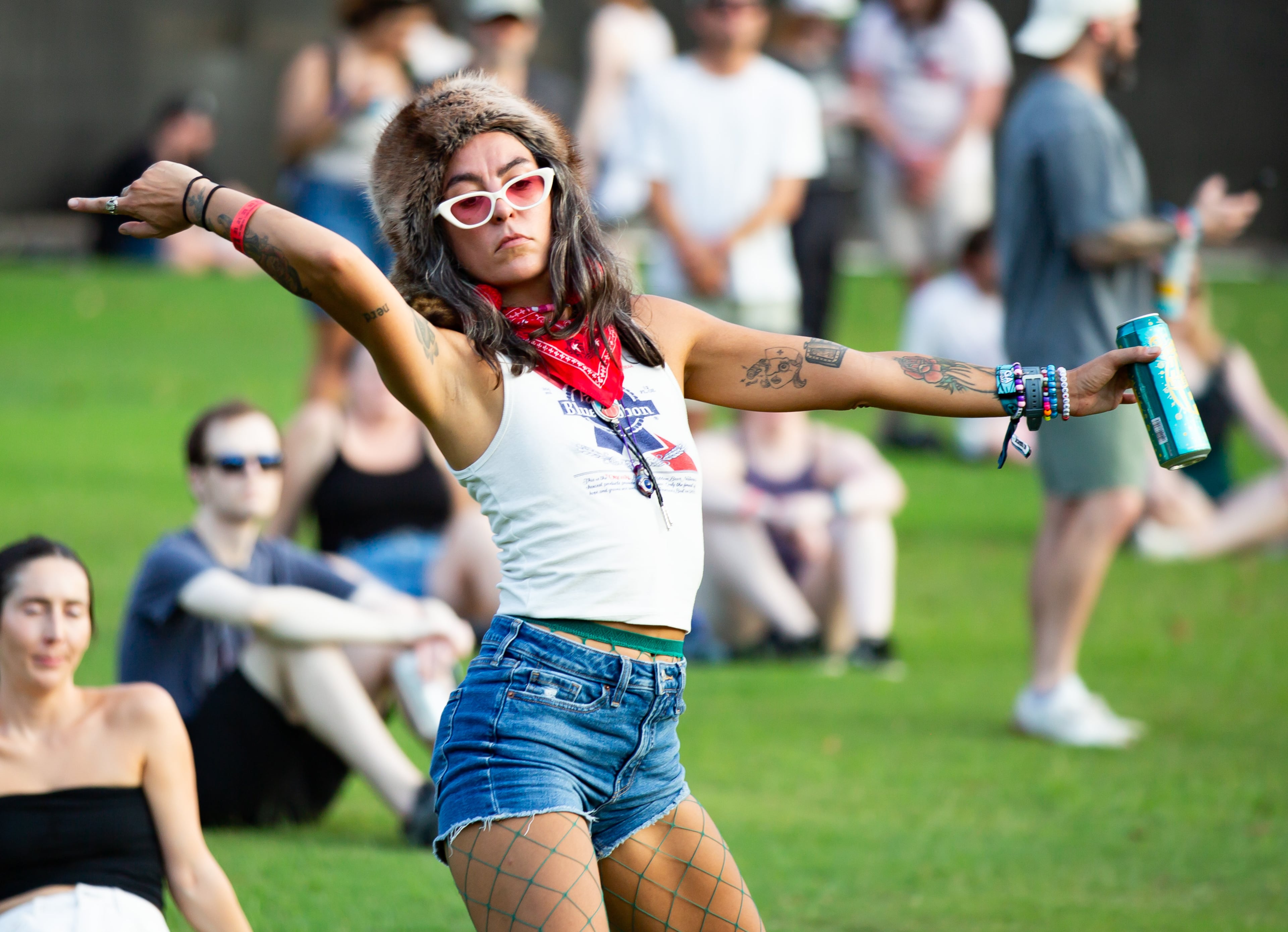 Indie rock band Geese drew a large crowd late Friday, Sept. 18, 2026, despite the high temperatures at Shaky Knees in Piedmont Park, Atlanta. (Ryan Fleisher for the AJC)