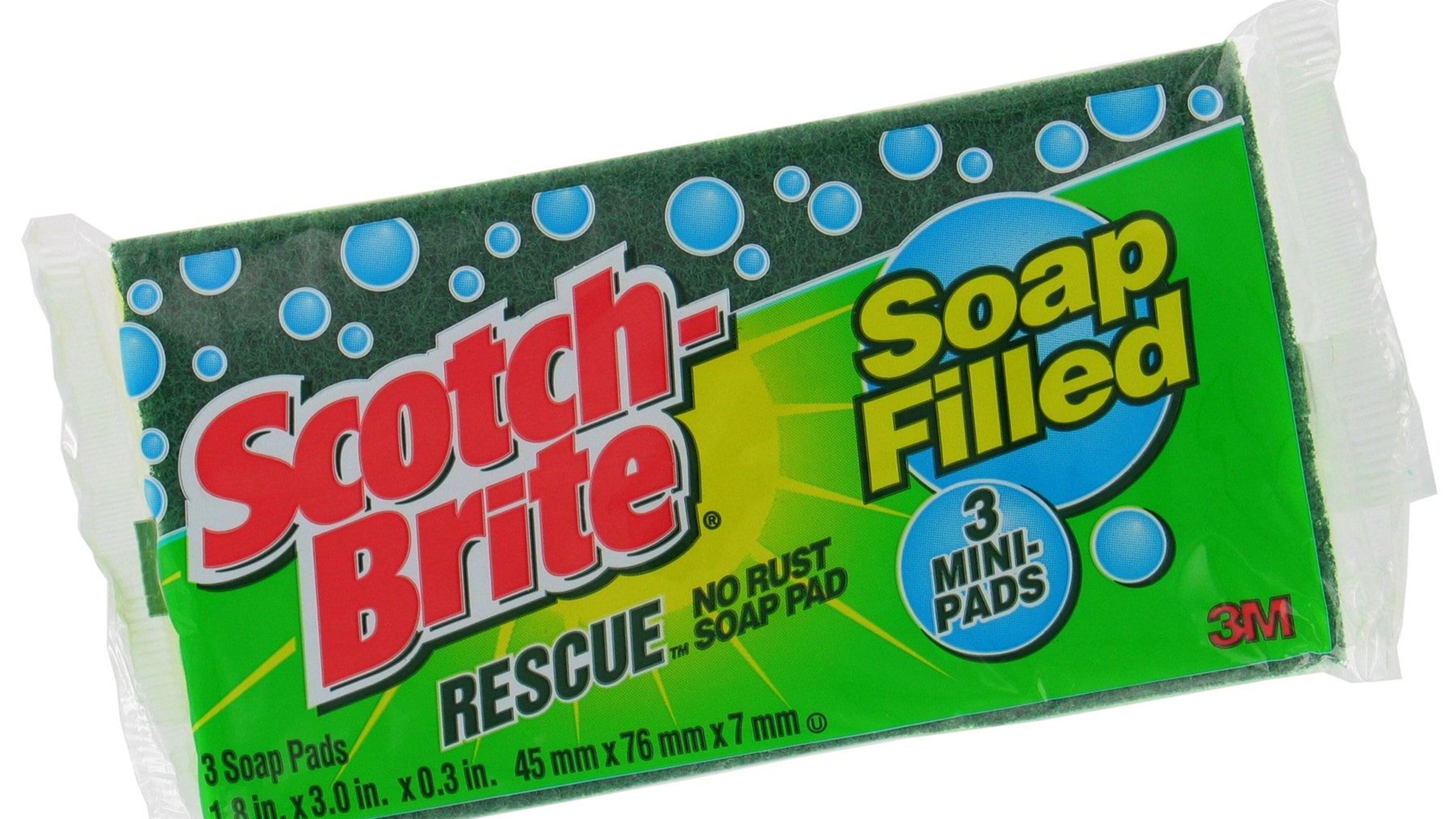Scotch-Brite Rescue soap-filled heavy-duty scrub was designed with a sponge side to remove grease and particles, while the scouring pad side worked on heavy grime.