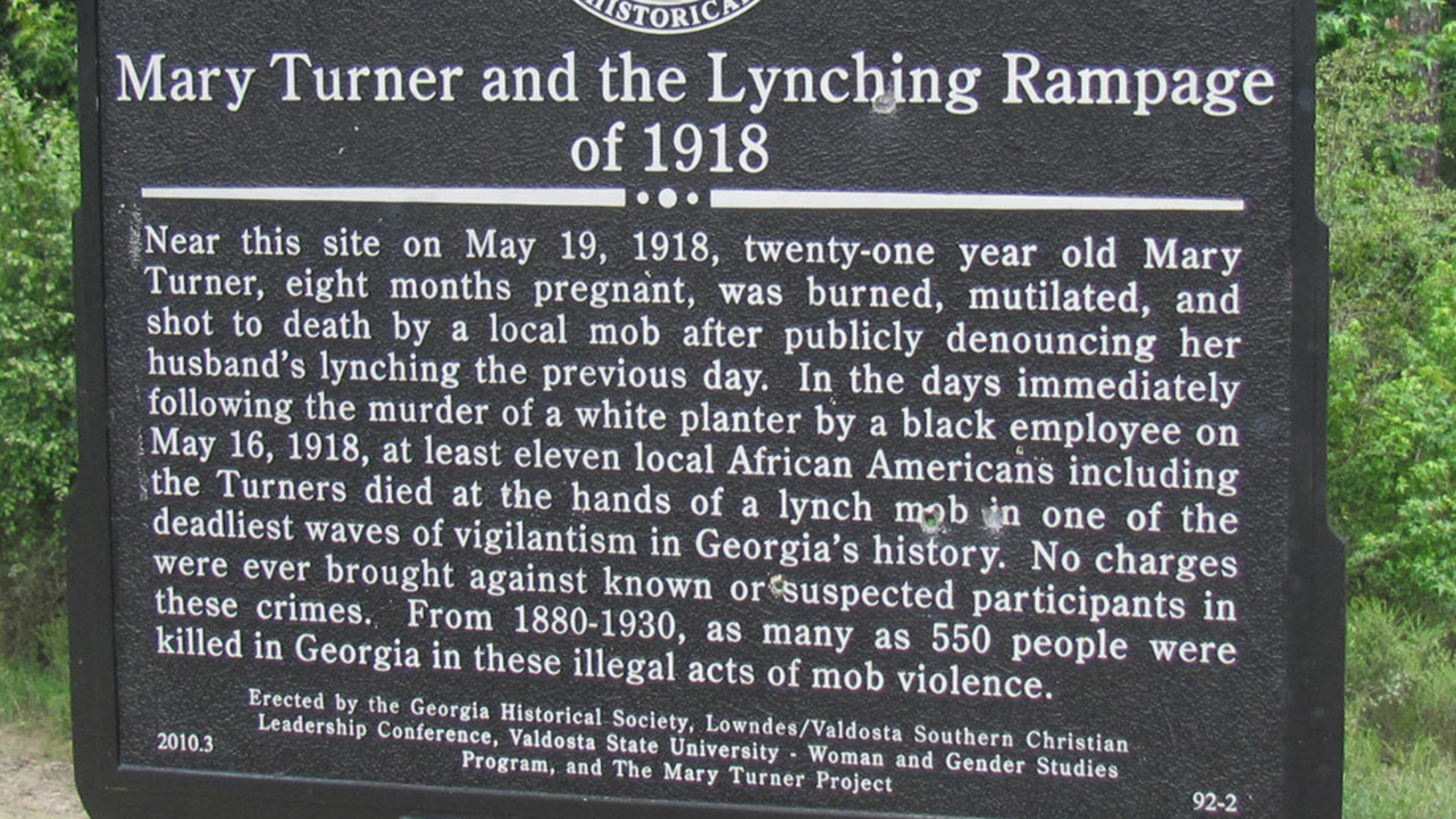 A marker erected to commemorate Mary Turner's lynching in Brooks County. A close examination of the image reveals that a number of bullets have been fired at the marker.