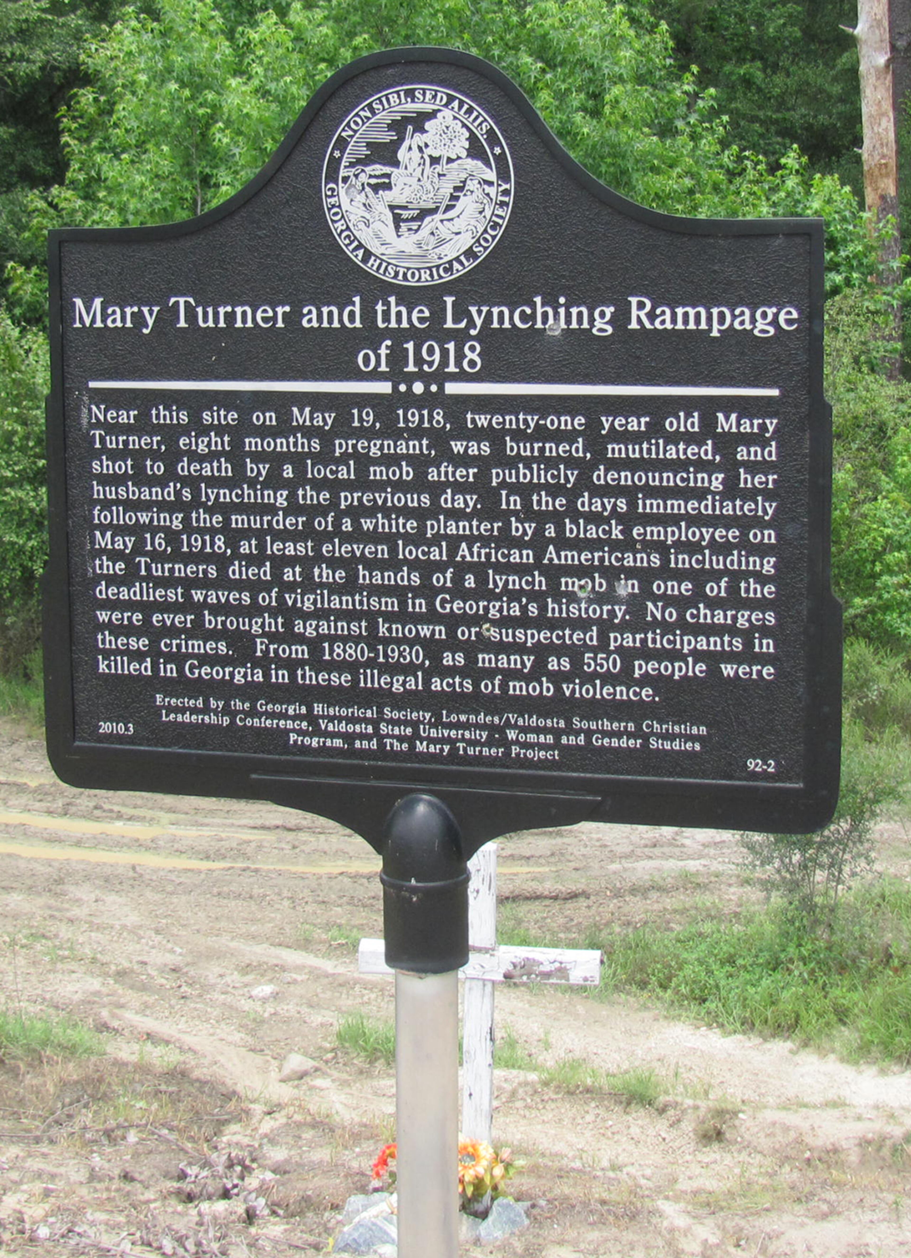 A marker erected to commemorate Mary Turner's lynching in Brooks County. A close examination of the image reveals that a number of bullets have been fired at the marker.