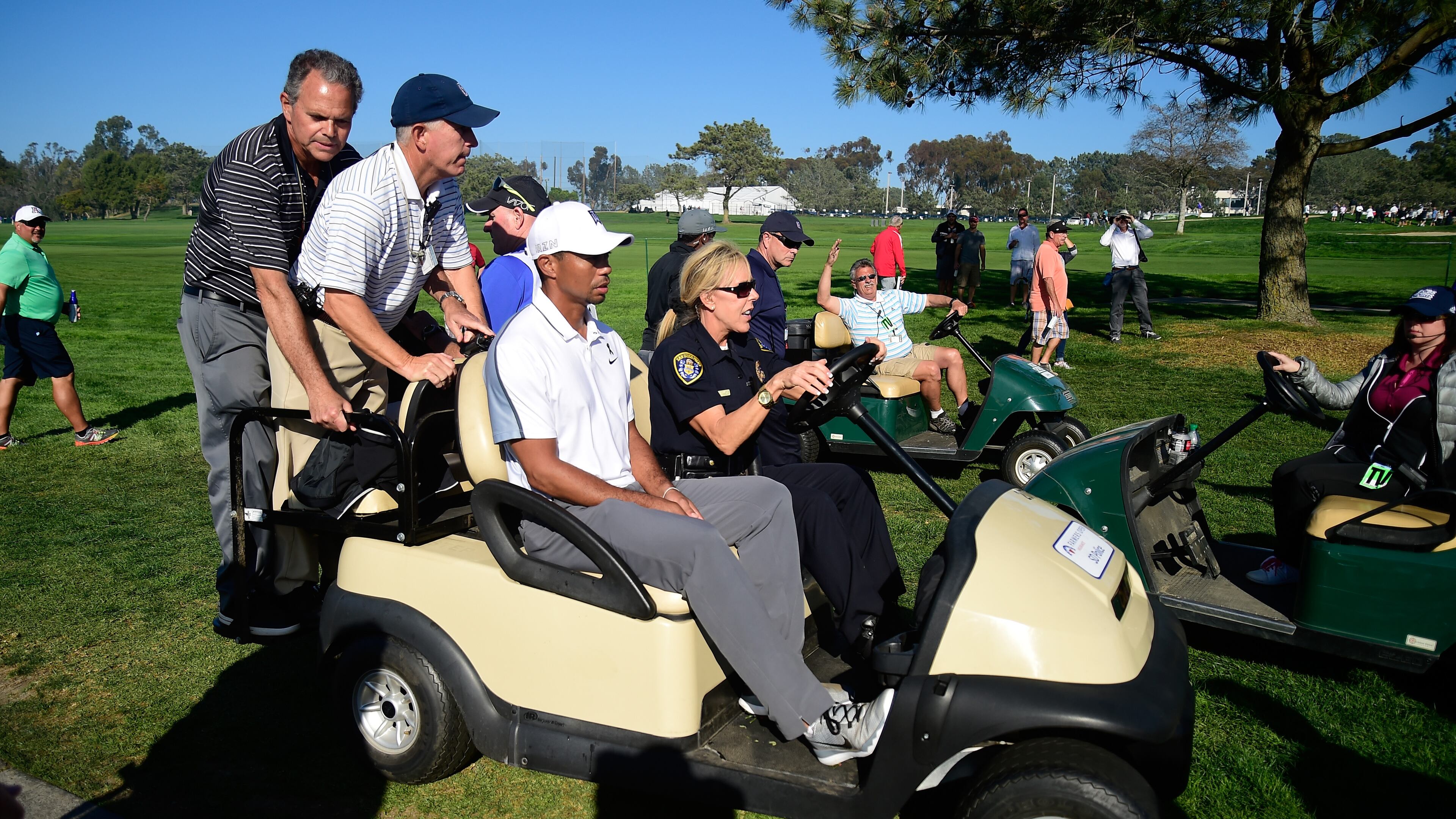 LA JOLLA, CA - FEBRUARY 05: Tiger Woods leaves the course after withdrawing from the Farmers Insurance Open due to injury at Torrey Pines Golf Course on February 5, 2015 in La Jolla, California. (Photo by Donald Miralle/Getty Images) This is how Tiger Woods' last tournament ended in La Jolla, Calif. There's no telling when he plays again. (Getty Images)