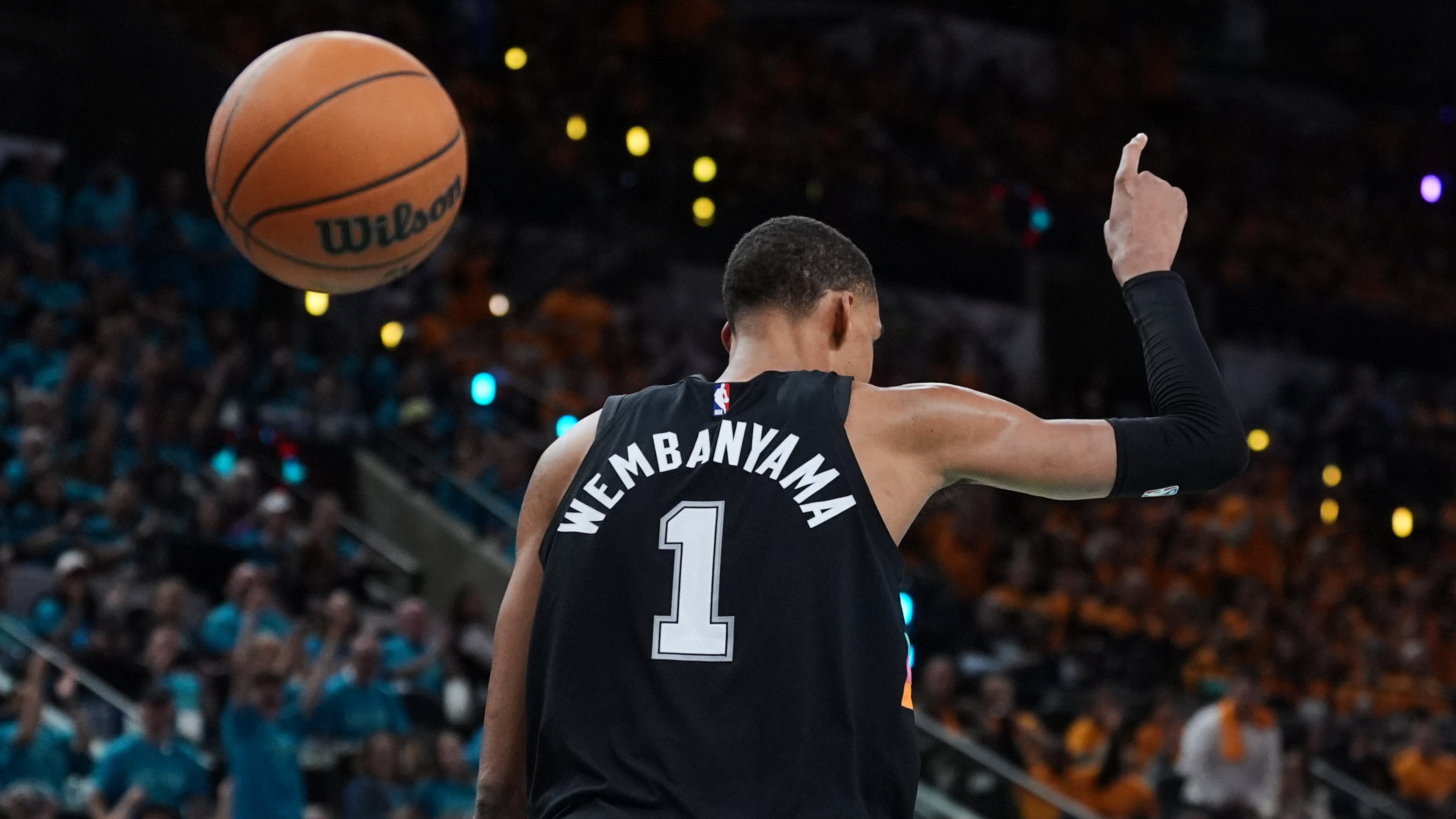 San Antonio Spurs forward Victor Wembanyama (1) celebrates a score against the Portland Trail Blazers during the second half in Game 1 of a first-round NBA playoffs basketball series in San Antonio, Sunday, April 19, 2026. (AP Photo/Eric Gay)