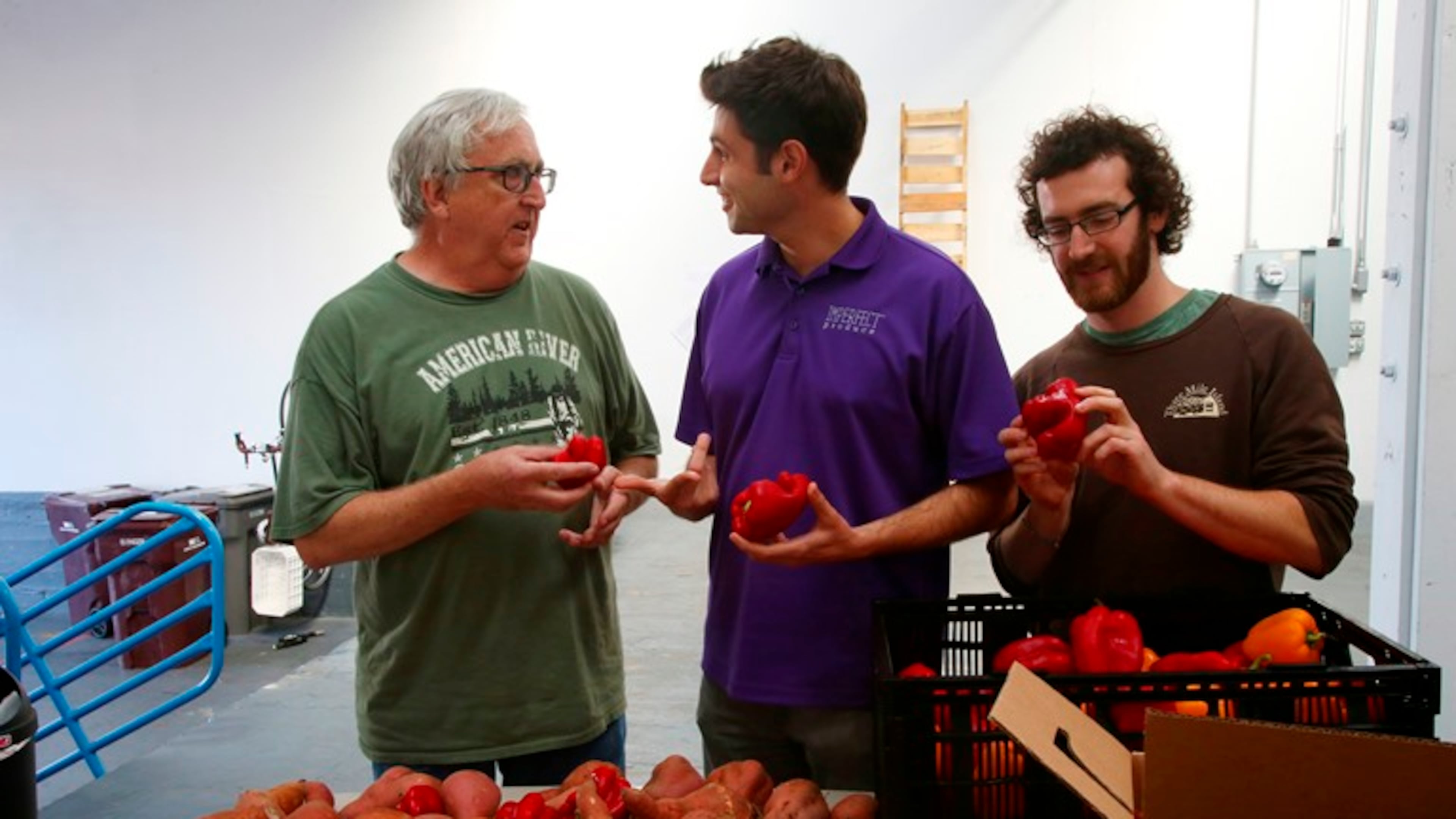 From left: Ron Clark, chief supply officer; Ben Simon, chief executive officer; and Ben Chesler, chief operating officer, in the warehouse of Imperfect Produce in Emeryville, Calif., Oct. 19, 2015. The start-up is looking to change minds about fruit and vegetables that are traditionally discarded before the store, part of a larger movement against food waste.