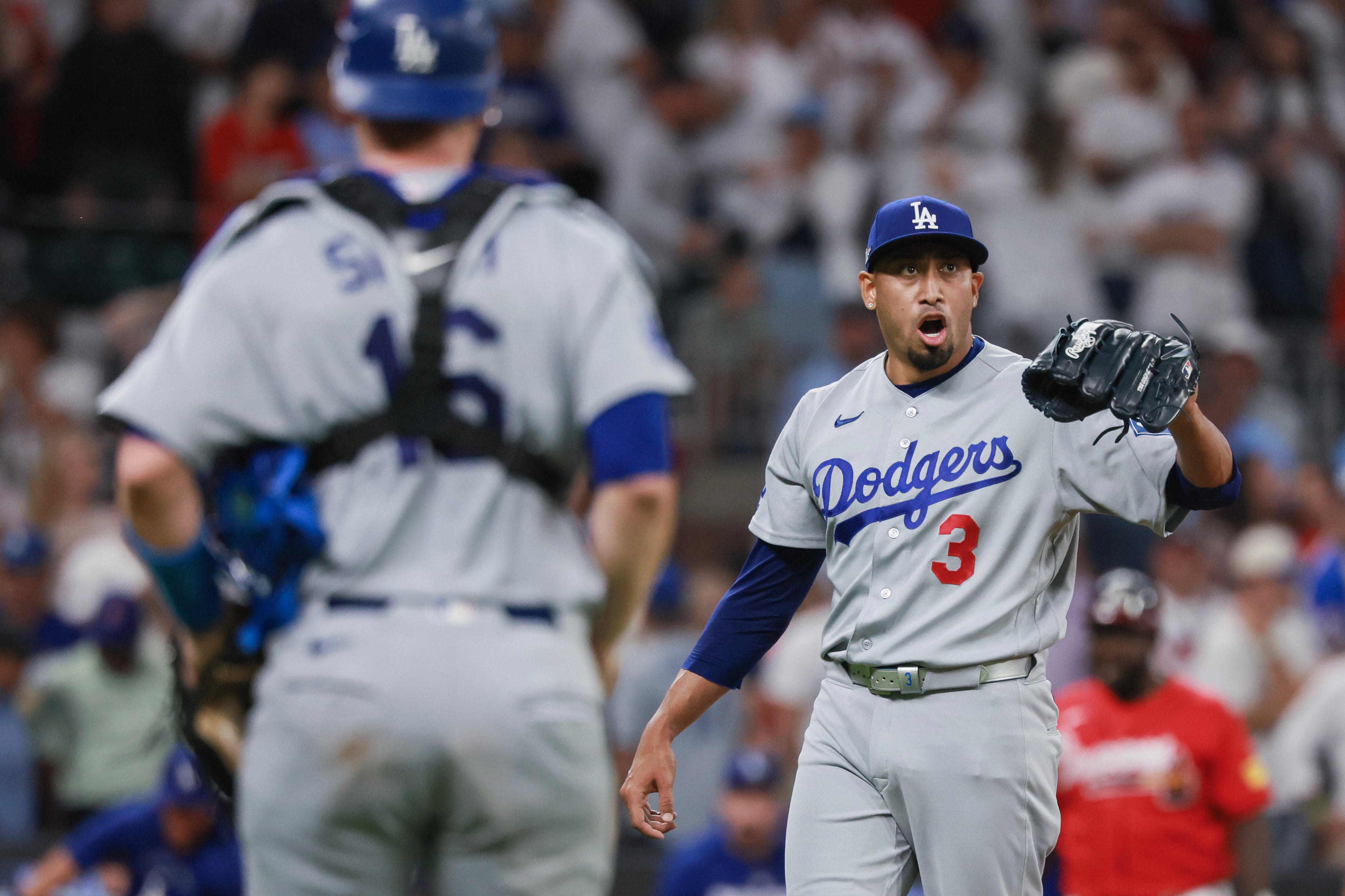 Los Angeles Dodgers pitcher Edwin Díaz (3) reacts after closing out the Atlanta Braves during the ninth inning of Game 3 of the MLB National League Division Series between the Atlanta Braves and the Los Angeles Dodgers, Tuesday, Oct. 6, 2026, in Atlanta. (Jason Getz/AJC)