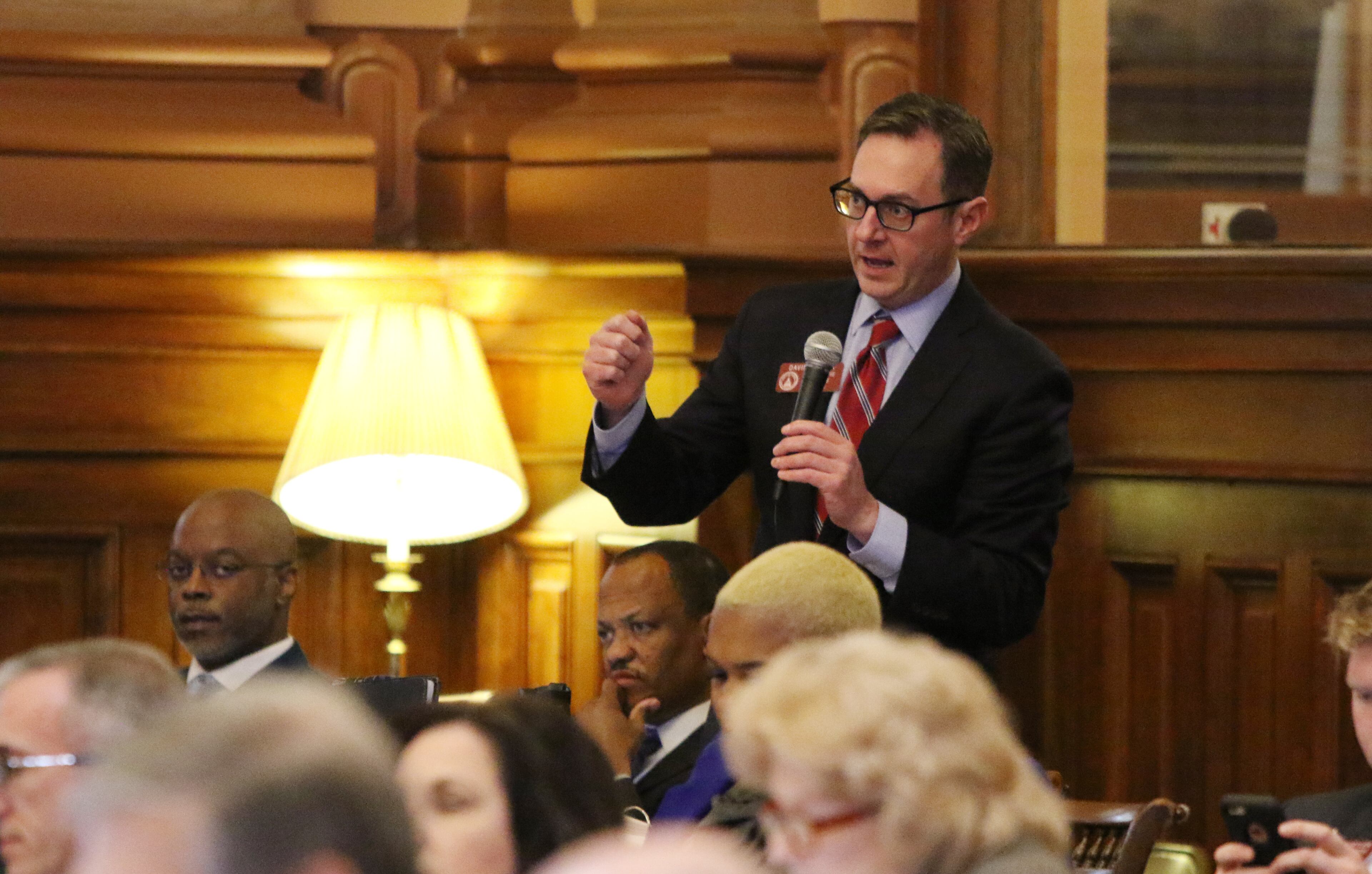3/7/19 - Atlanta - David Stover, representative of district 71, asks a question on HB 311 at the Georgia State Capitol in Atlanta, Georgia on Thursday, March 7, 2019. HB 311 passed. EMILY HANEY / emily.haney@ajc.com