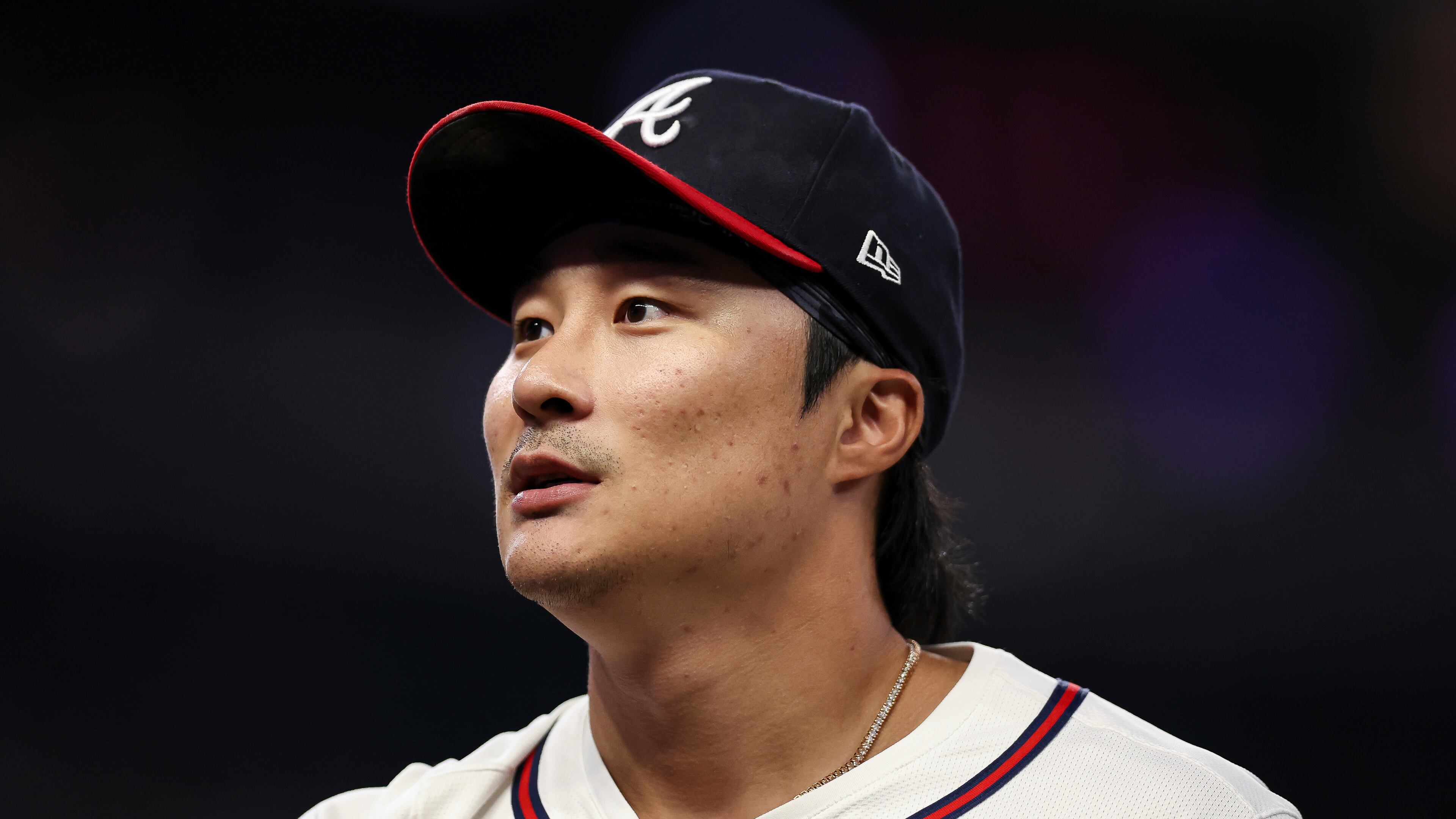 FILE - Atlanta Braves shortstop Ha-Seong Kim reacts during the eighth inning of a baseball game against the Washington Nationals, Sept. 22, 2025, in Atlanta. (AP Photo/Colin Hubbard, File)