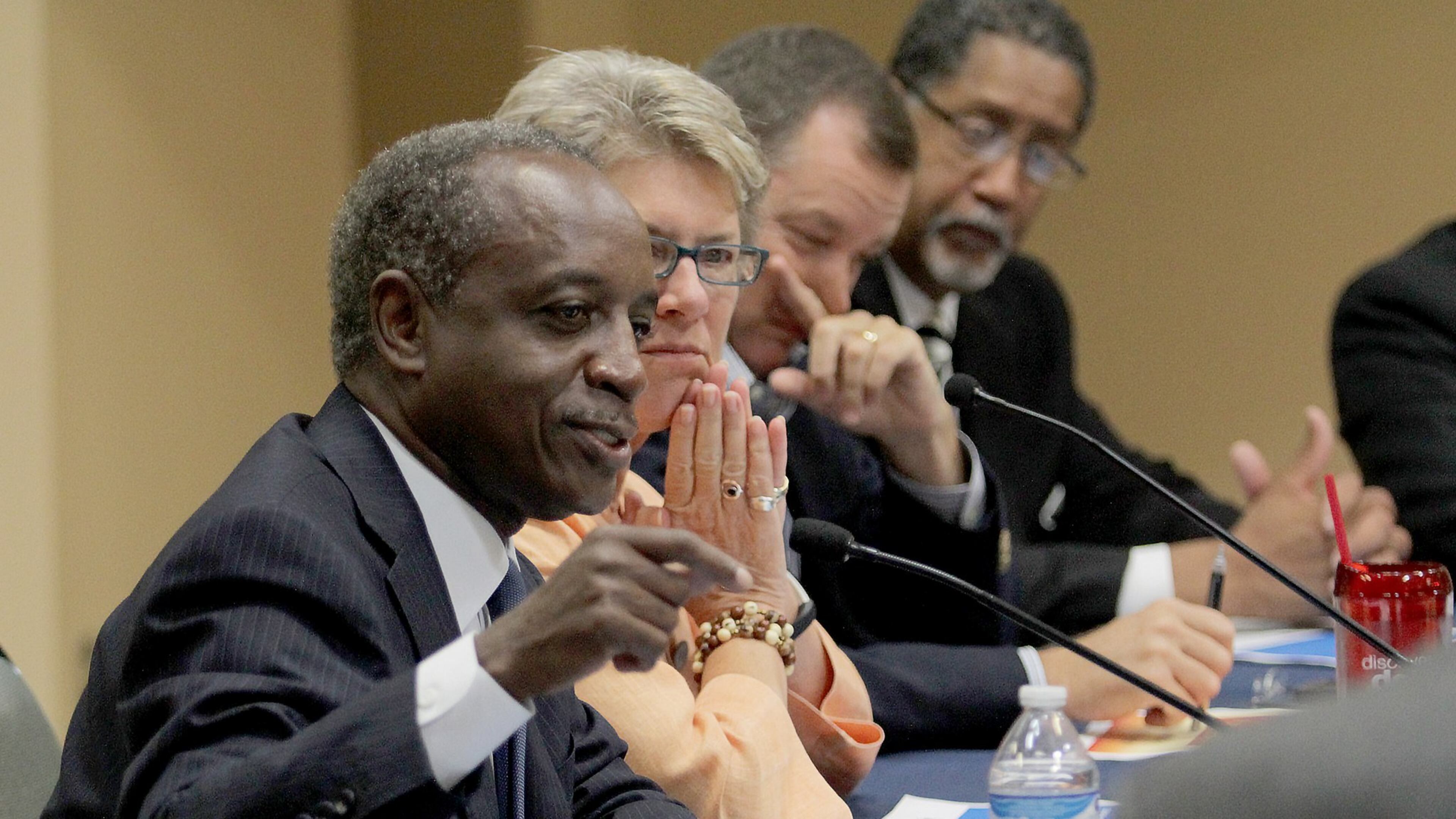 DeKalb County CEO Mike Thurmond leads the discussion Thursday with mayors, county commissioners and city officials over DeKalb’s proposed sales tax increase. From left: Thurmond, DeKalb Commission Presiding Officer Kathie Gannon, Tucker Mayor Frank Auman and Stonecrest Mayor Jason Lary. (Akili-Casundria Ramsess/Special to the AJC)