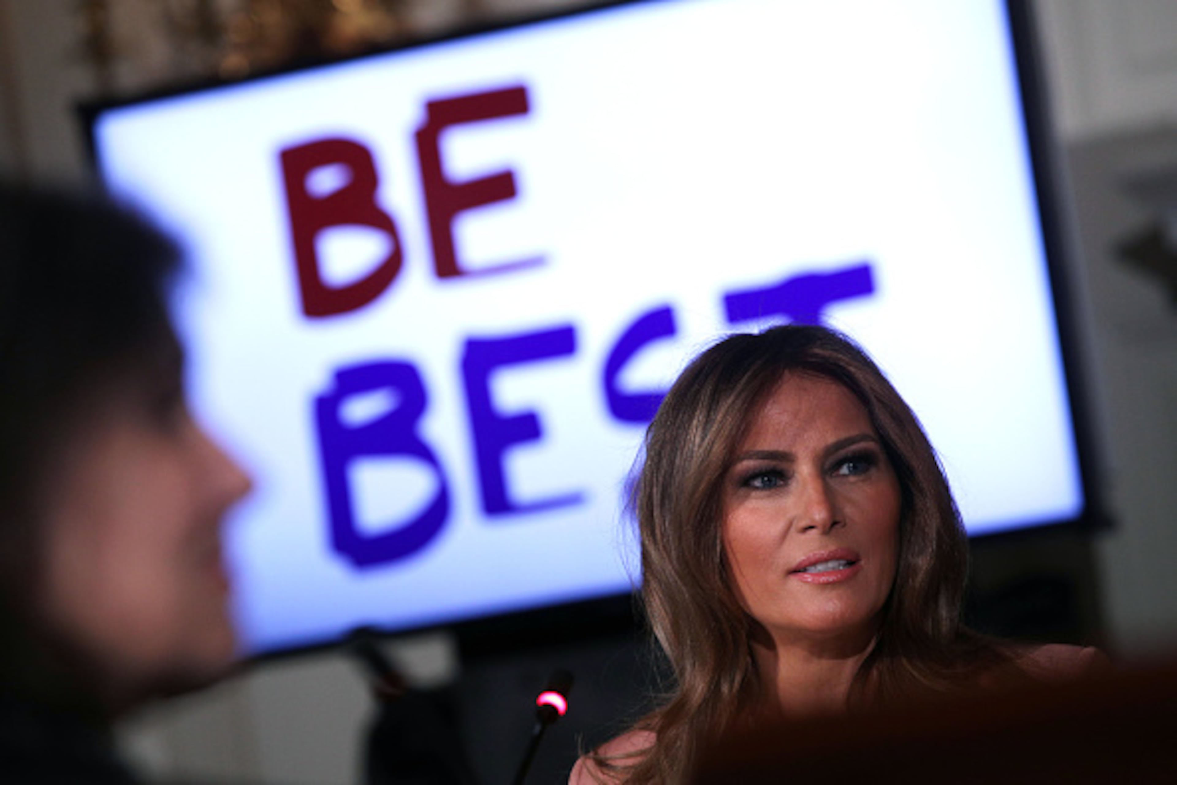 WASHINGTON, DC - MARCH 18: U.S. first lady Melania Trump speaks to representatives of an Interagency Working Group on Youth Programs during a State Dining Room event at the White House March 18, 2019 in Washington, DC. The first lady convened a meeting of the group to discuss youth programs that align with her Be Best initiative. (Photo by Alex Wong/Getty Images)