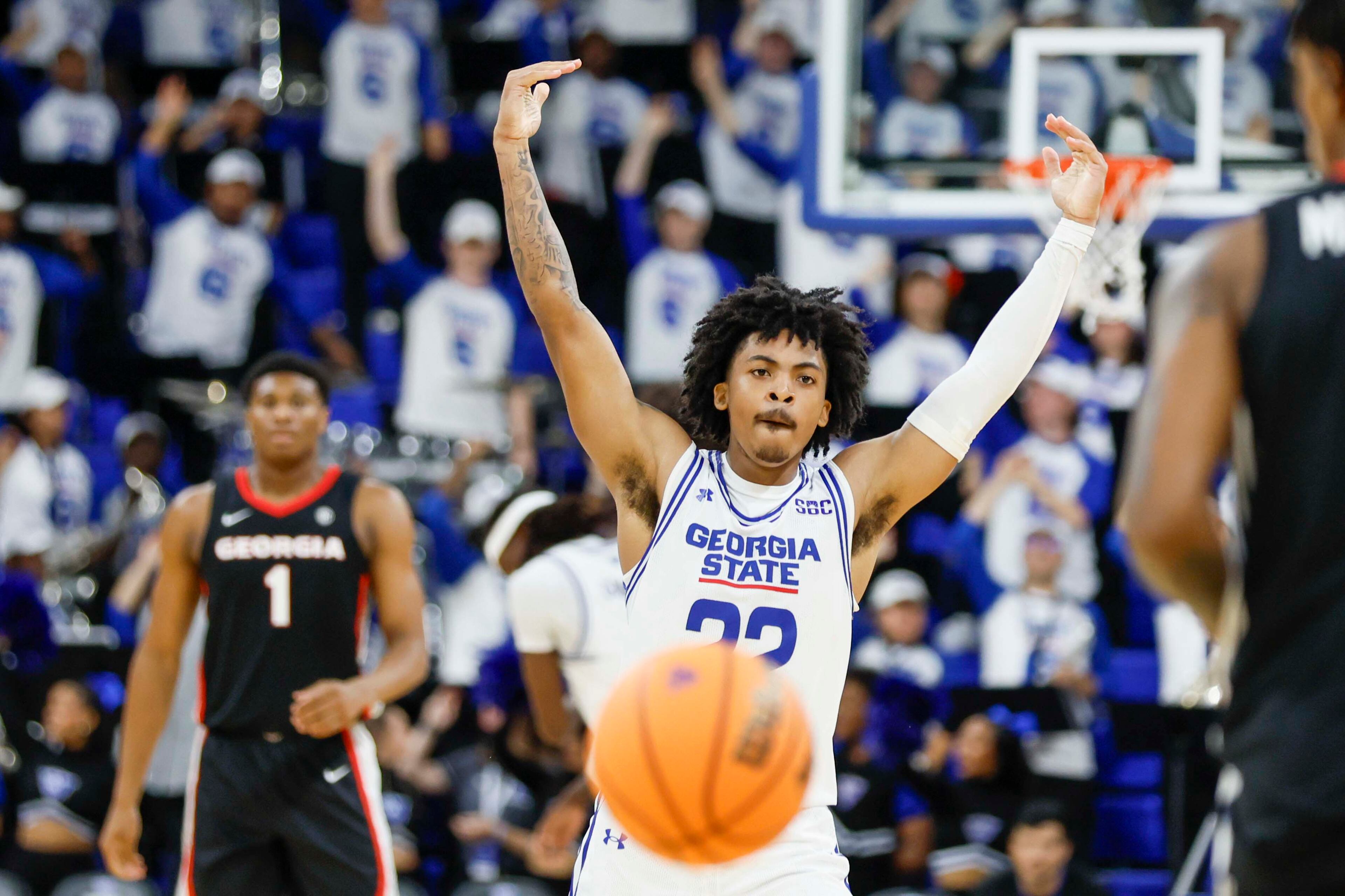 Georgia State Panthers guard Malachi Brown (22) reacts after hitting a three-pointer during the first half of an exhibition opener game against the Georgia Bulldogs at the Georgia State Convocation Center, Wednesday, October 15, 2025, in Atlanta.
(Miguel Martinez/ AJC)