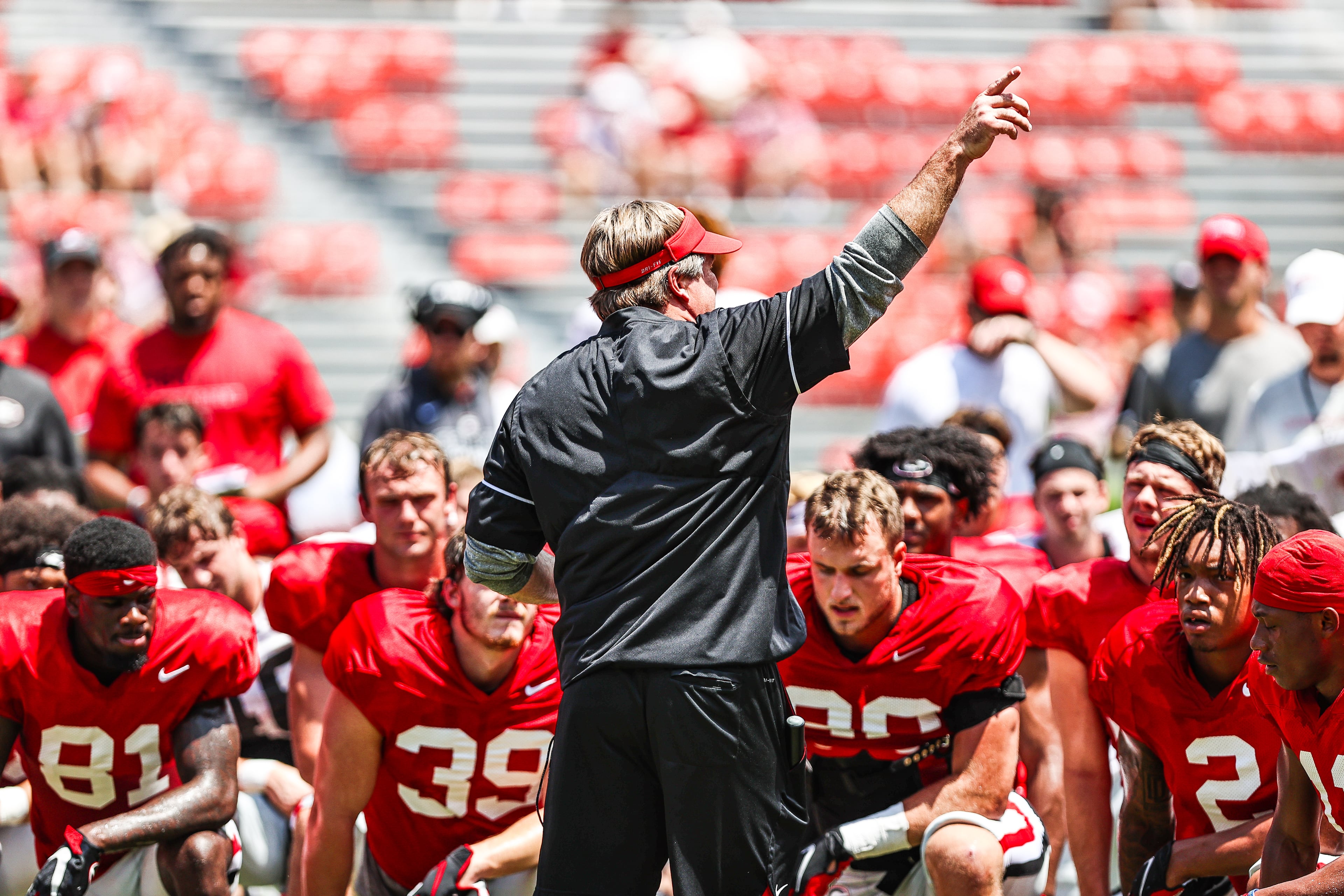 Georgia head coach Kirby Smart during the Bulldogs’ practice session on Dooley Field at Sanford Stadium in Athens, Ga., on Saturday, Aug. 14, 2021. (Photo by Tony Walsh)