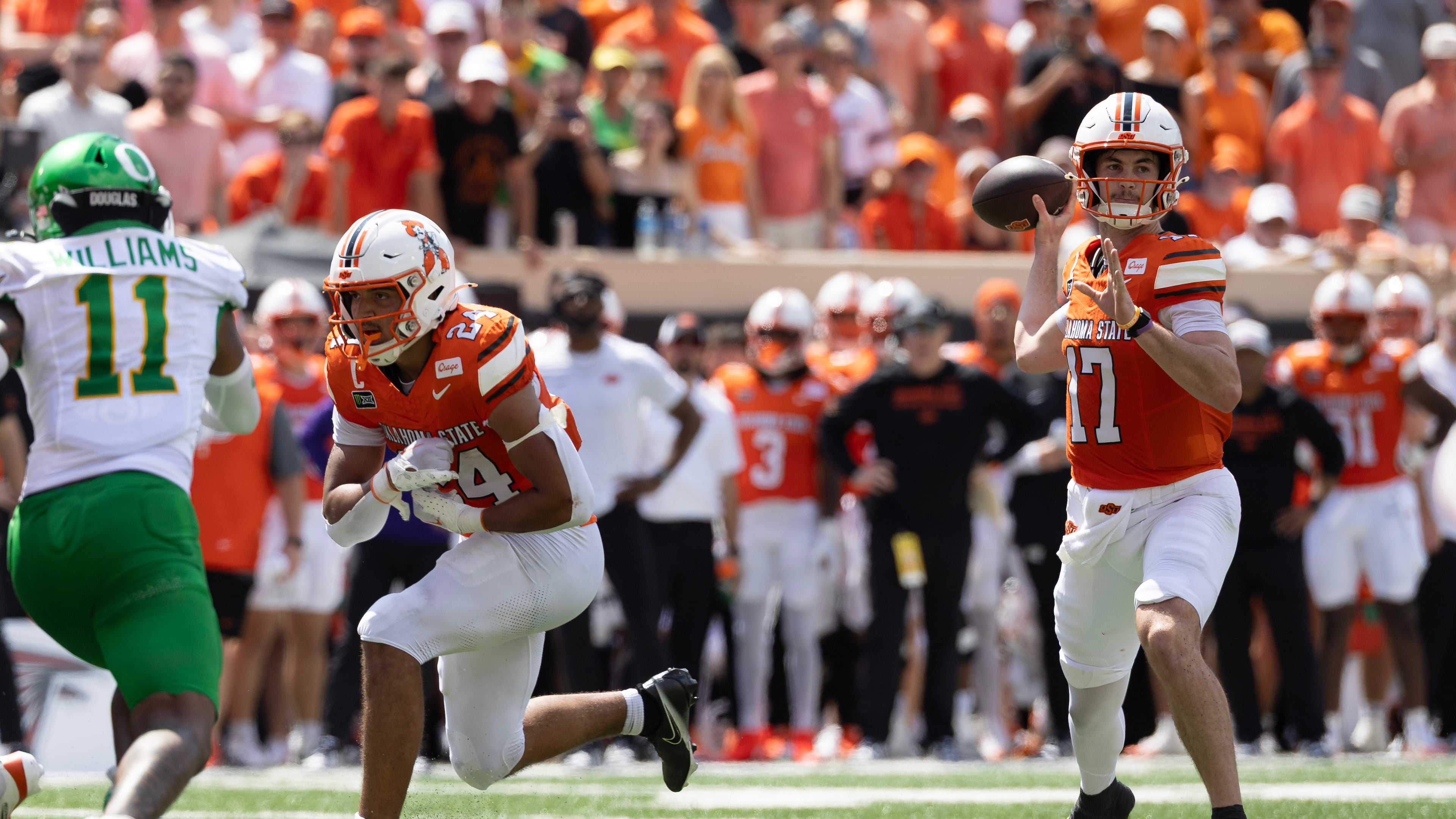 Oklahoma State quarterback Drew Mestemaker (17) passes the ball in the first half of the NCAA college football game against Oregon in Stillwater, Okla., Saturday, Sept. 12, 2026. (AP Photo/Mitch Alcala)