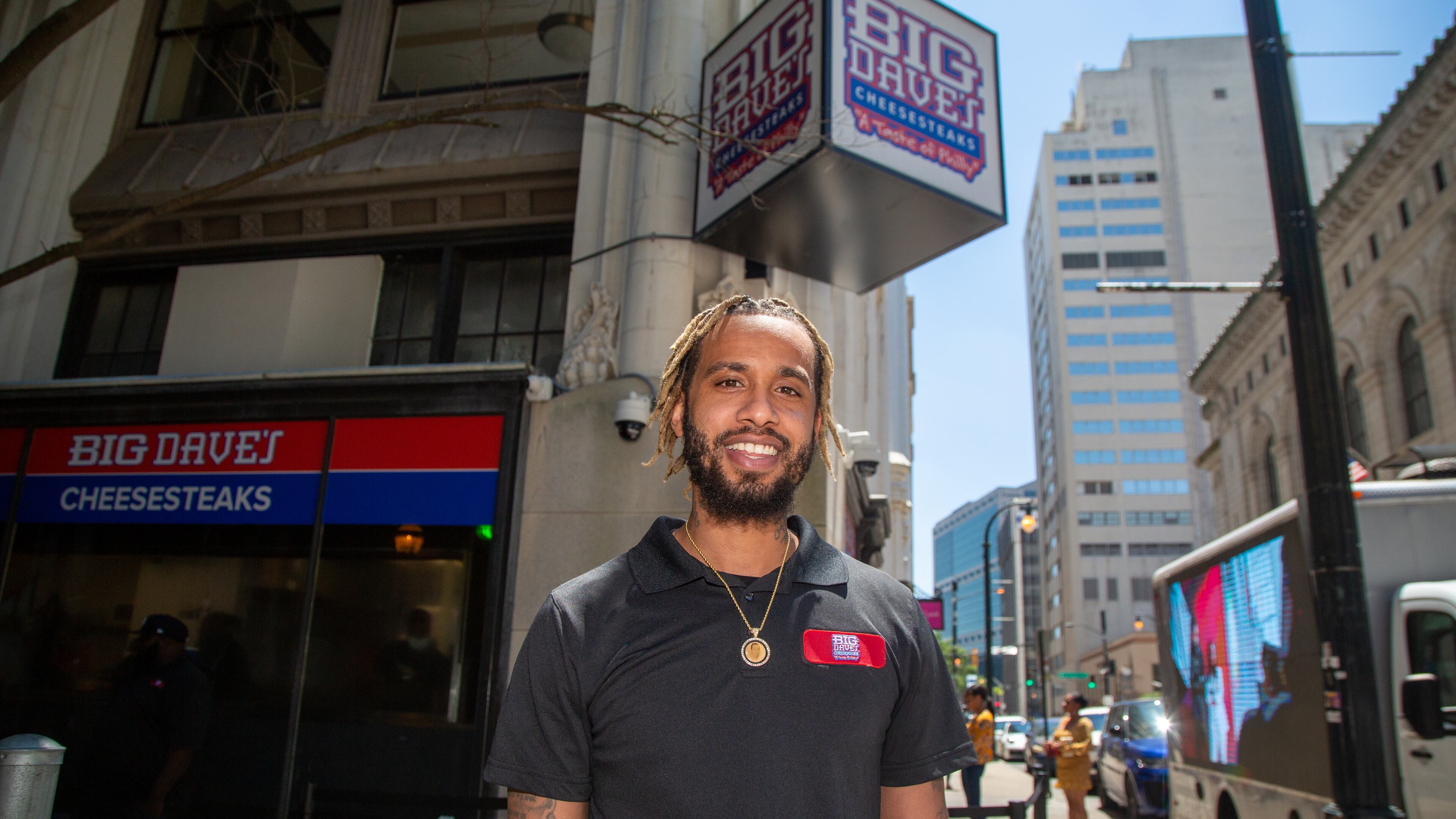Portrait of Derrick Hayes outside of Big Dave's Cheesesteaks in downtown Atlanta during an event where two Atlanta restauranteurs team up to provide life insurance for Black men. Pinky Cole, CEO and Founder of Slutty Vegan ATL , and D. Hayes, President and CEO of Big Dave's Cheesesteaks, are merging their philanthropic endeavors yet again. The Pinky Cole Foundation and The David & Derrick Hayes Foundation are spearheading Square 1: The Life Experience, a program with an initiative to provide life insurance policies by December 2023 to 25,000 Black men. Eligible participants must be individuals who are between the ages 15-45, earn $30,000 or less annually, and do not use tobacco.
PHIL SKINNER FOR THE ATLANTA JOURNAL-CONSTITUTION.