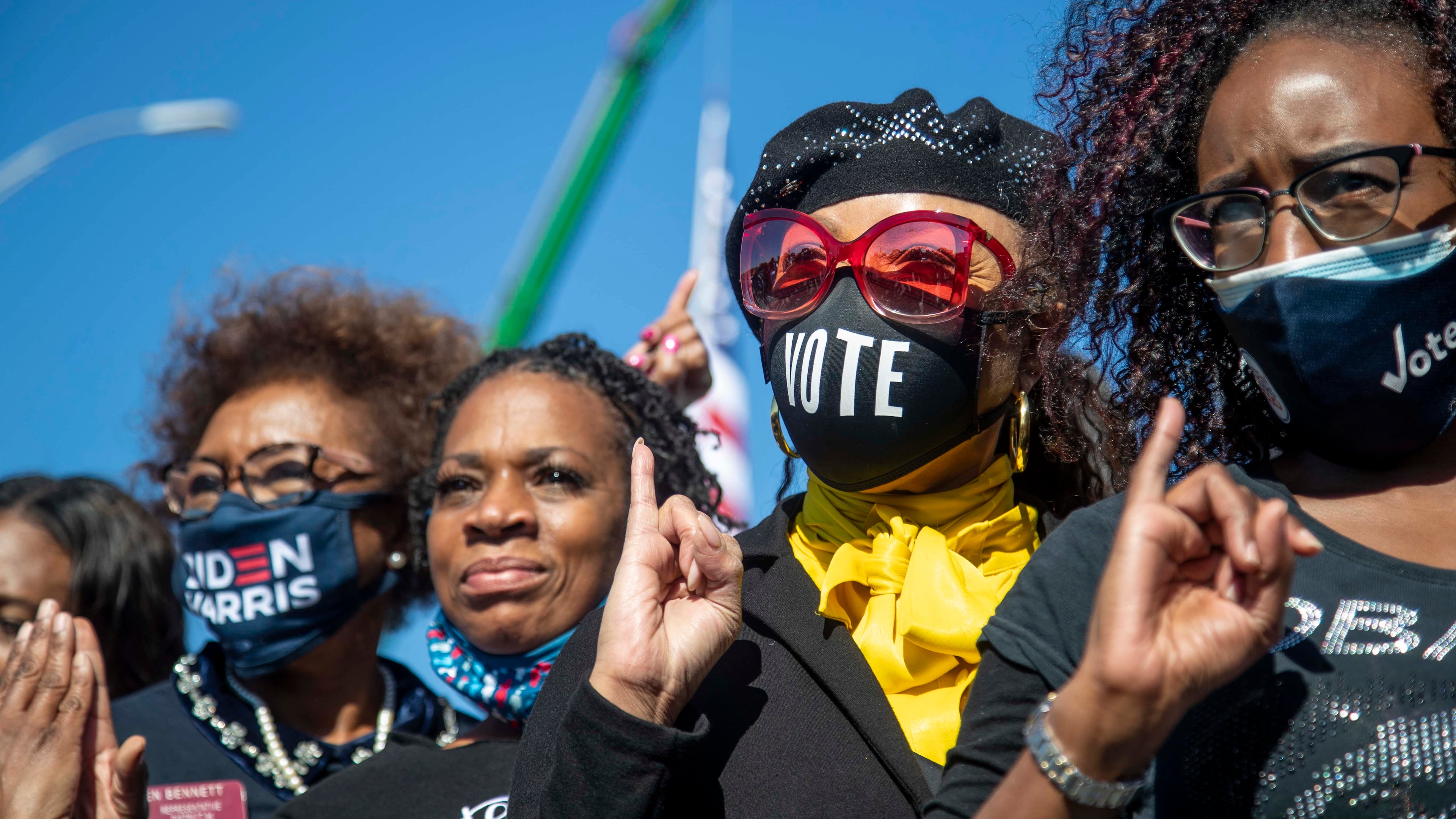 Members of the Alpha Kappa Alpha Sorority Inc., pose for a photo during a Biden-Harris rally in Atlanta’s Summerhill community, Monday, November 2, 2020. Democratic Vice President candidate Kamala Harris is a member of the Alpha Kappa Alpha Inc., sorority. (Alyssa Pointer / Alyssa.Pointer@ajc.com)
