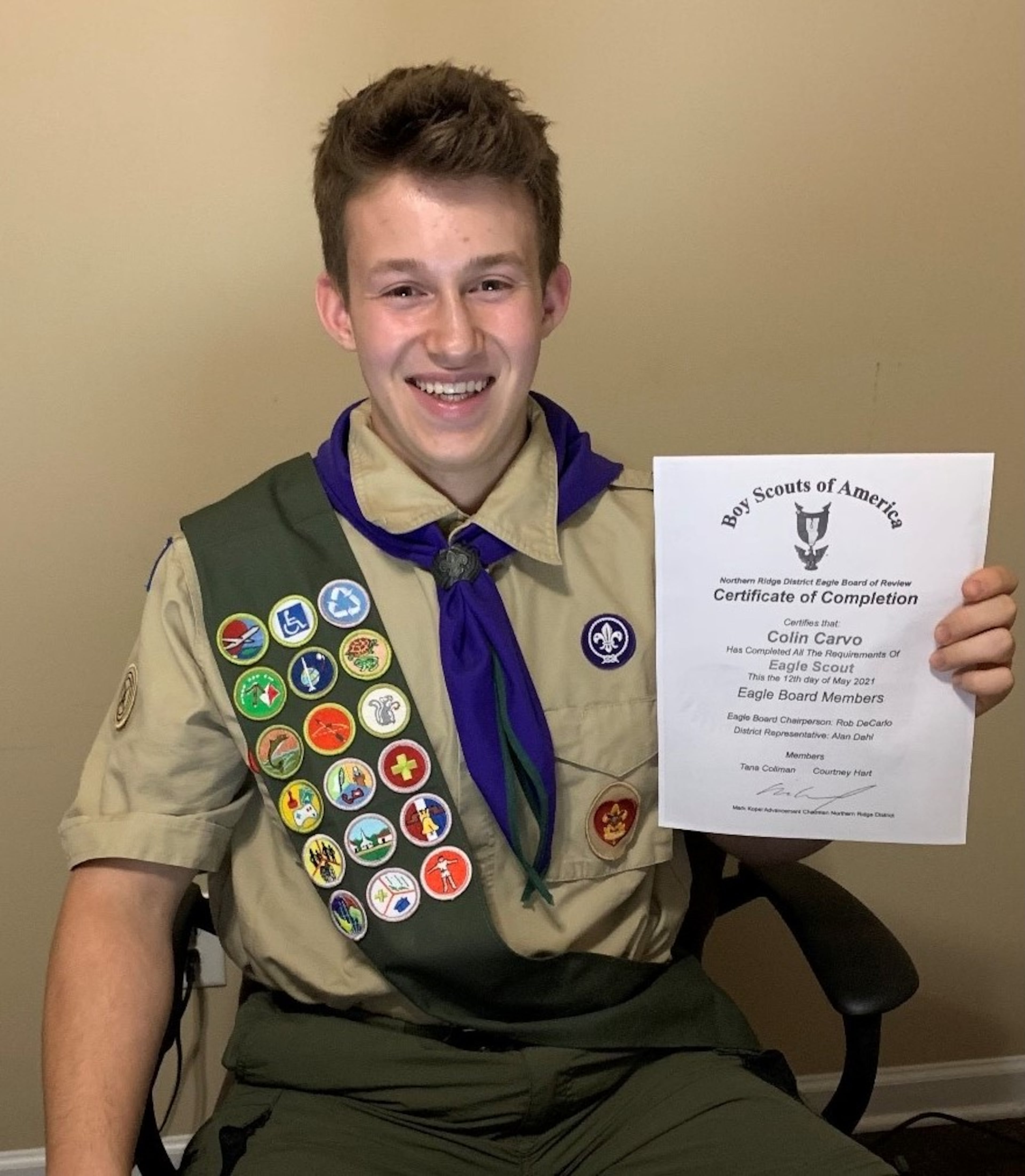The Northern Ridge Boy Scout District (Cities of Roswell, Alpharetta, John’s Creek, Milton) is proud to announce its newest Eagle Scout, who passed his Board of Review On May 12: Colin Carvo of Troop 1459, sponsored by St. Aidan’s Episcopal Church, whose project was the design and construction of two twelve by twelve foot checkerboards and Checker Pieces for the recess area of the Cogburn Woods Elementary School.