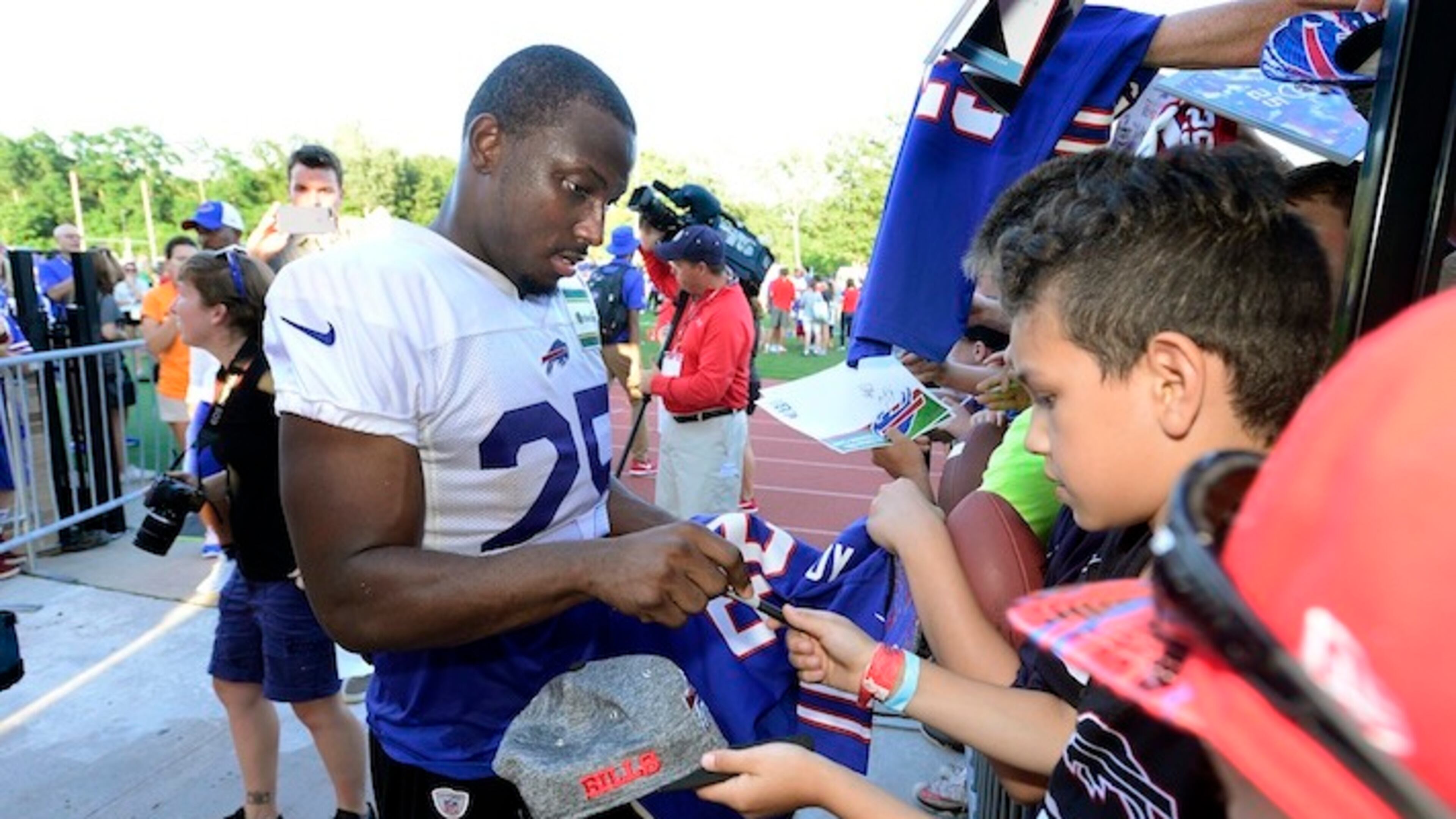 LeSean McCoy during an NFL football team training camp in Pittsford, N.Y., Thursday, July 27, 2017. (AP Photo/Adrian Kraus)