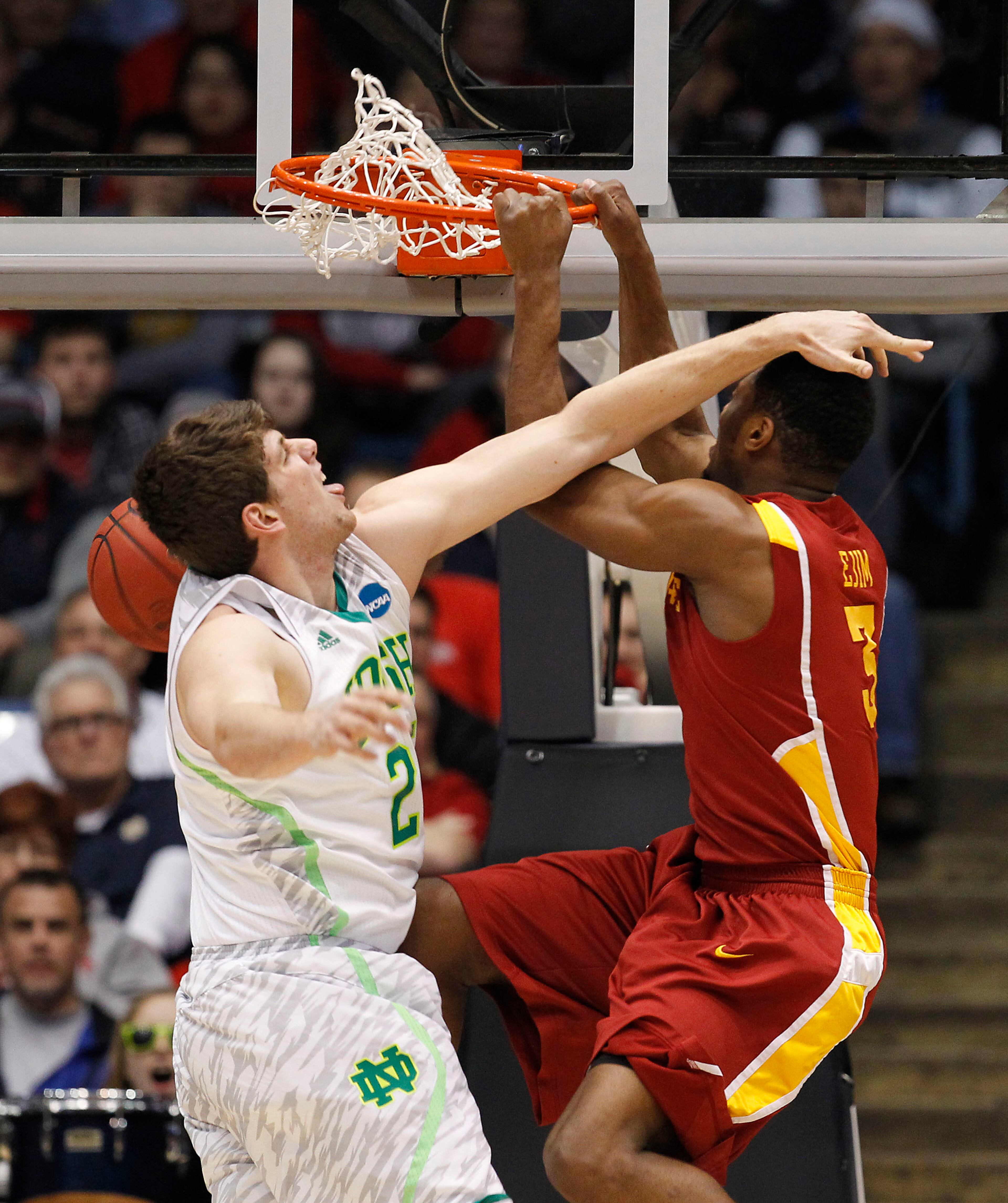 Iowa State's Melvin Ejim (3) dunks on Notre Dame's Tom Knight (25) in the first half during an NCAA Tournament second-round game at University of Dayton Arena in Dayton, Ohio, on Friday, March 22, 2013. (Brian Cassella/Chicago Tribune/MCT)