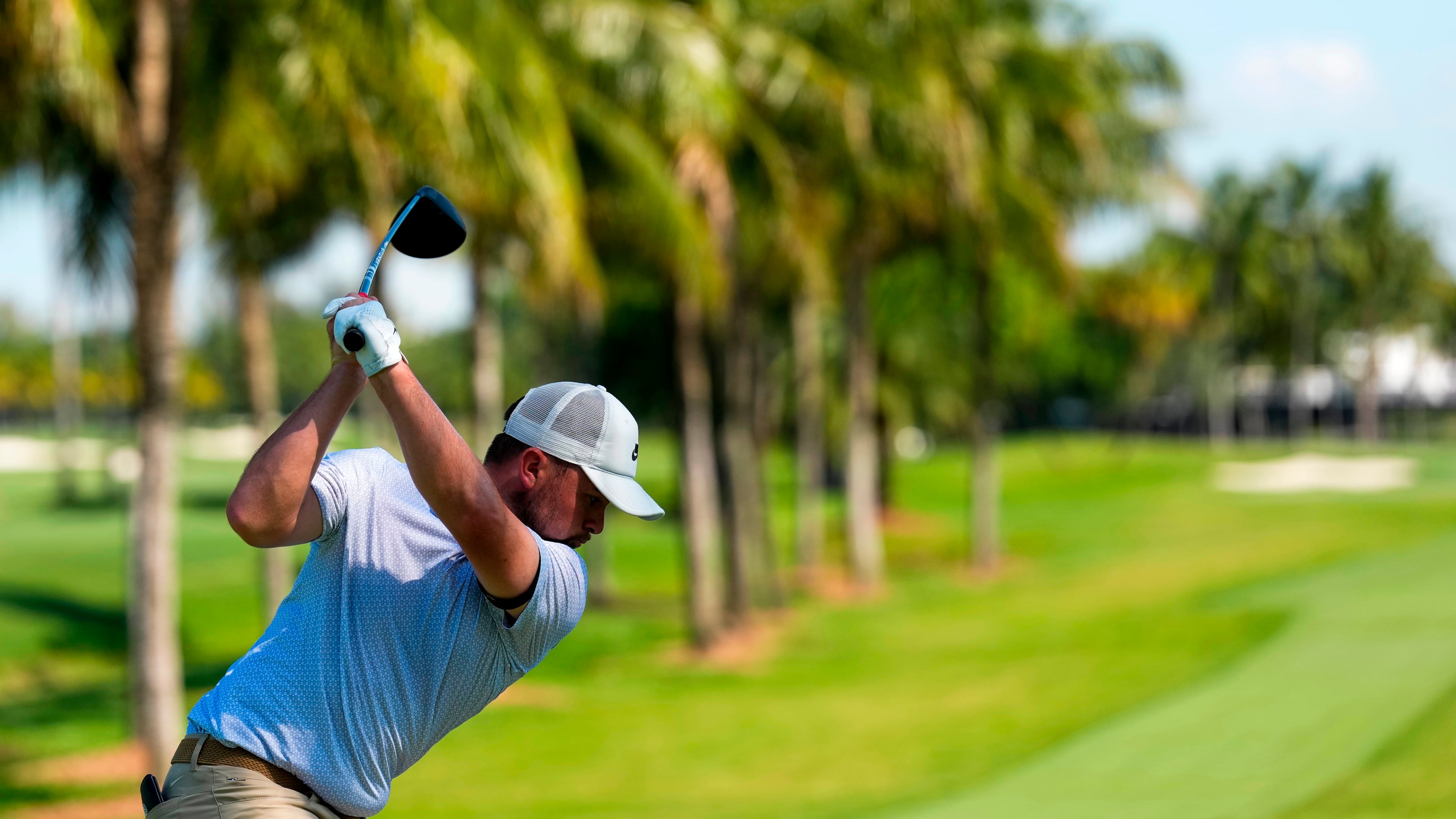 Alex Fitzpatrick, of England, hits from the seance tee during the second round of the Cadillac Championship PGA golf tournament Friday, May 1, 2026, in Doral, Fla. (AP Photo/David J. Phillip)