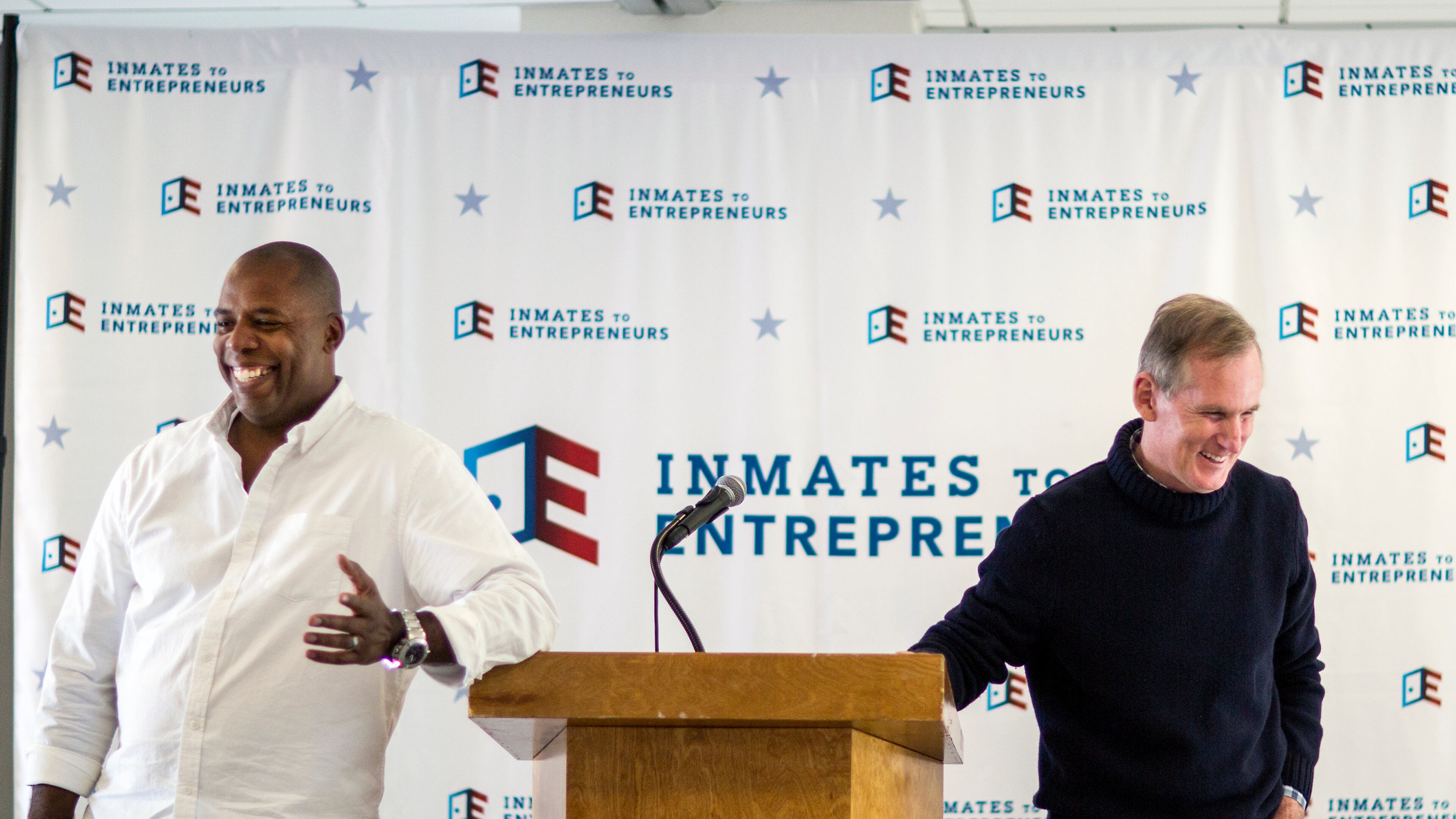 Inmates to Entrepreneurs co-chair, AJ Ware, left, and founder Brian Hamilton speak at a class in New York City during November 2018.