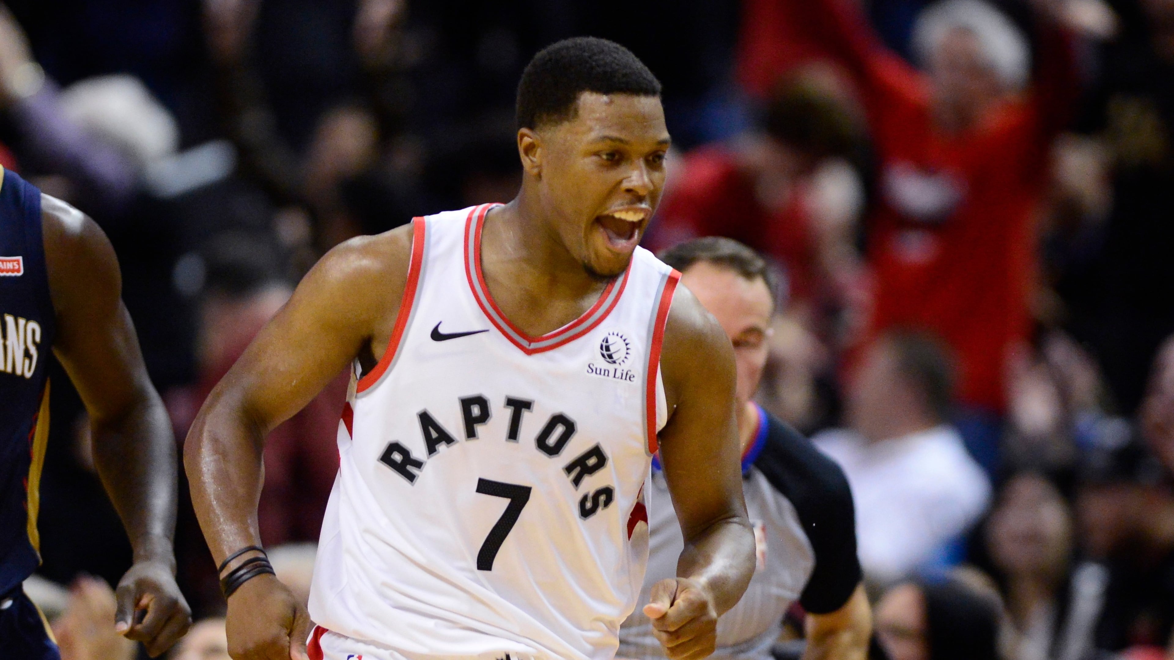FILE - Toronto Raptors guard Kyle Lowry celebrates his 3-point basket against the New Orleans Pelicans during overtime in an NBA basketball game Tuesday, Oct. 22, 2019, in Toronto. (Frank Gunn/The Canadian Press via AP, file)
