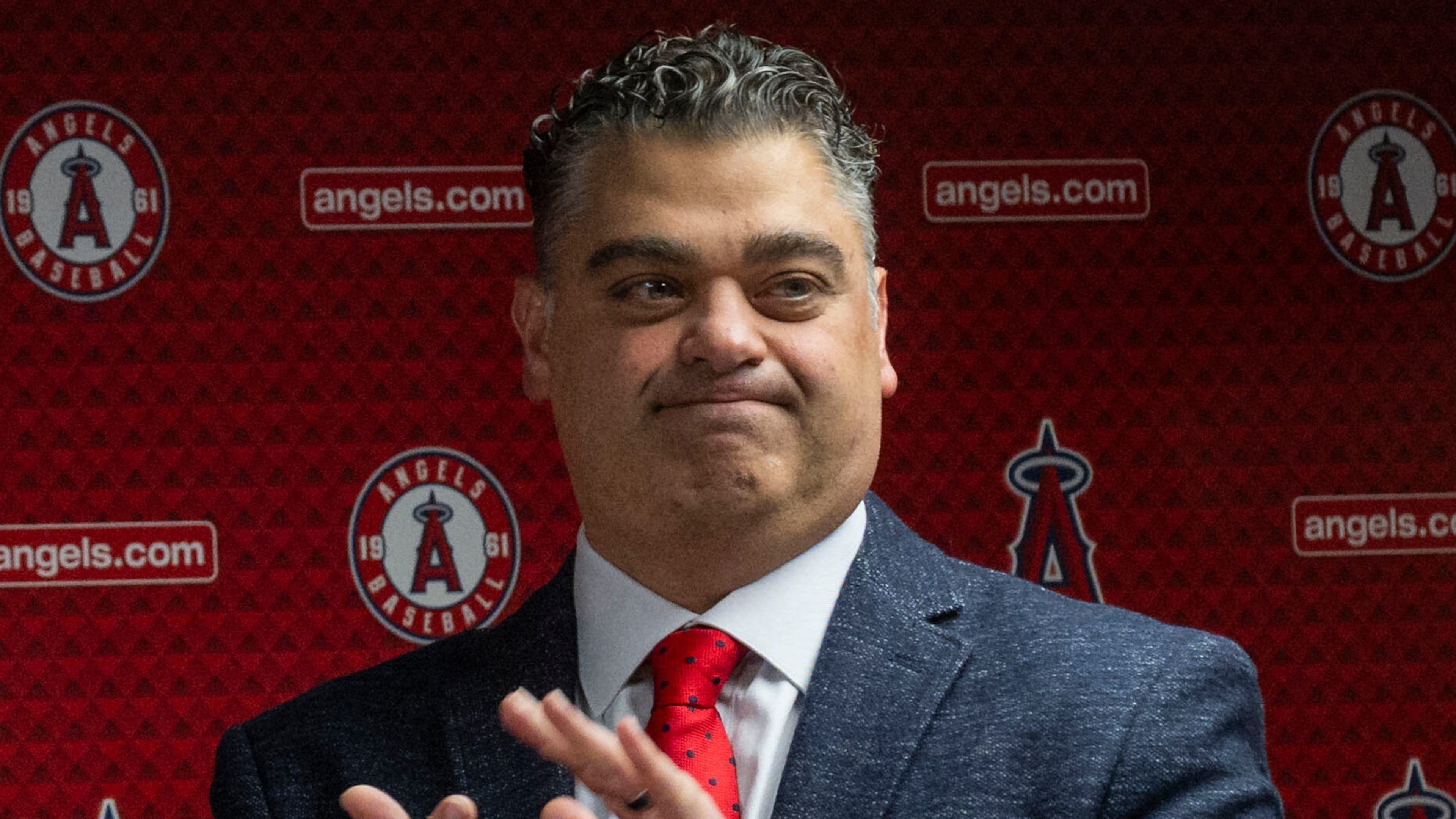 FILE - Los Angeles Angels General Manager Perry Minasian attends a news conference in Anaheim, Calif., on Oct. 22, 2025. (Paul Bersebach/The Orange County Register via AP, File)