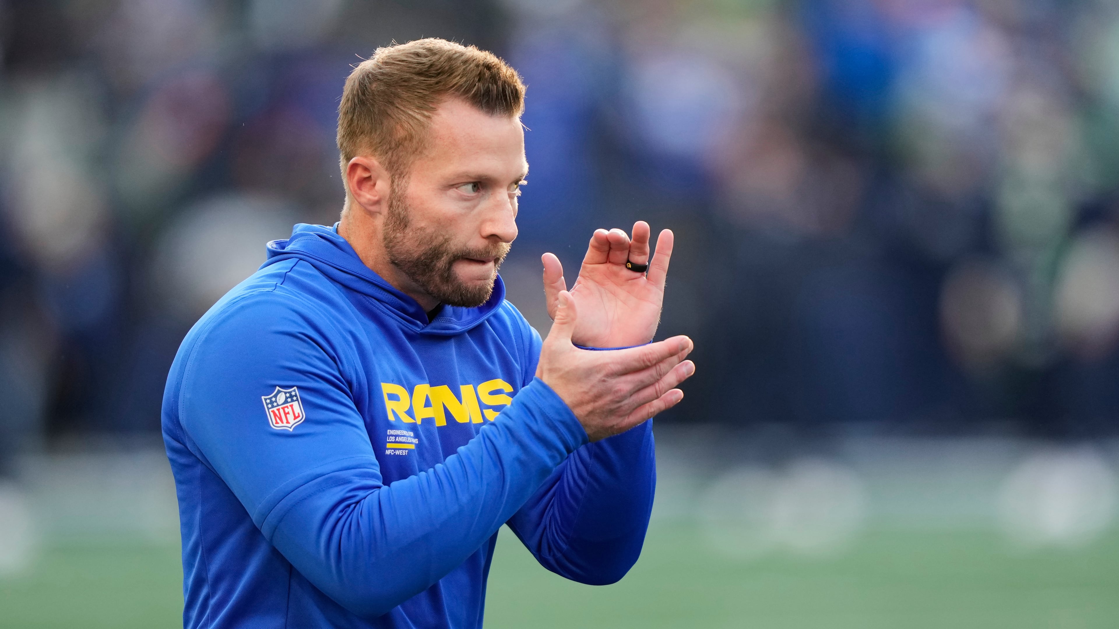 Los Angeles Rams head coach Sean McVay reacts as players warm up before the NFC Championship NFL football game against the Seattle Seahawks, Sunday, Jan. 25, 2026, in Seattle. (AP Photo/Stephen Brashear)