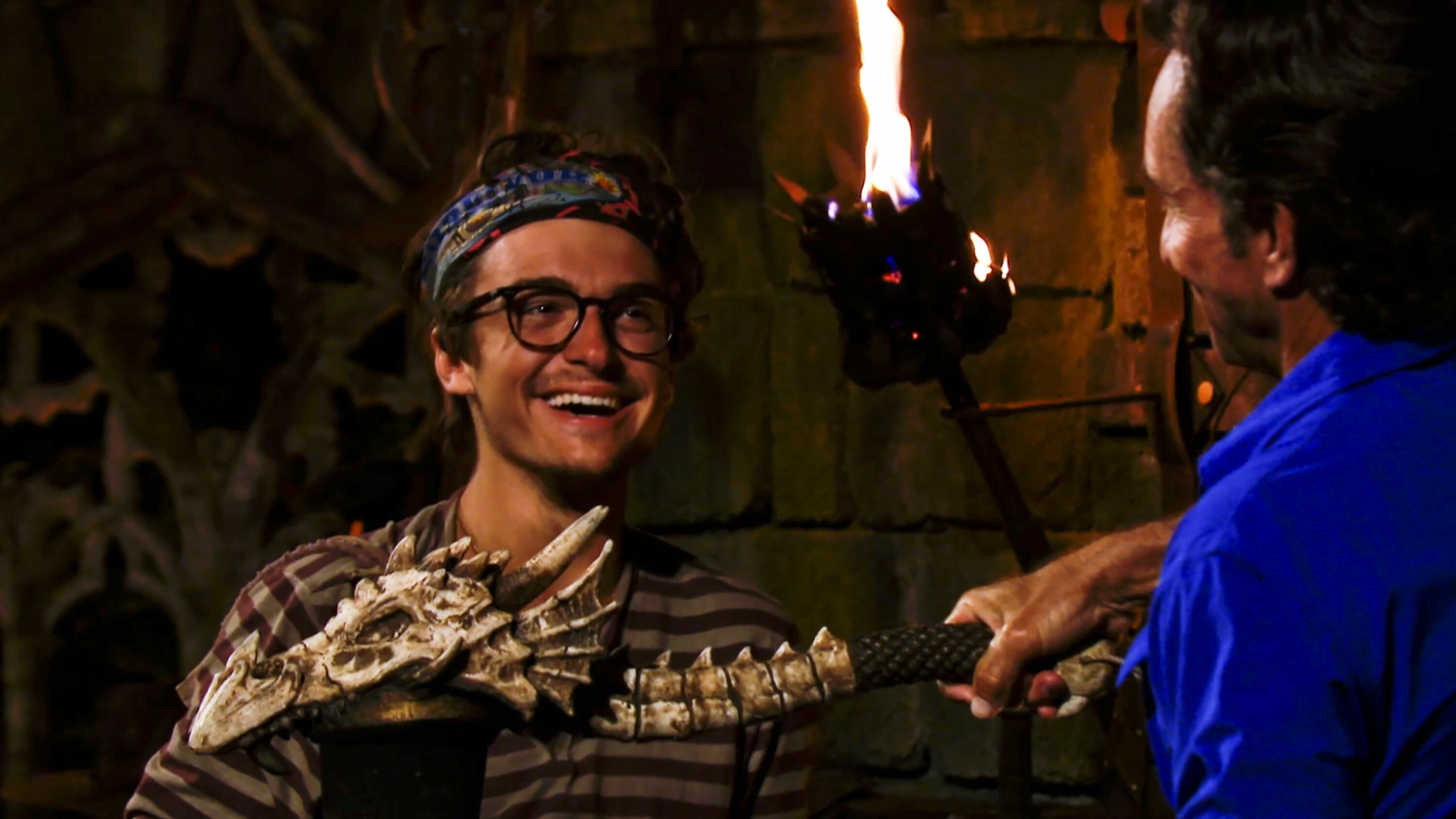 “Absolute Banger Season” – The remaining five castaways must climb their way to victory in the immunity challenge to earn a feast at the sanctuary and a spot in the final four. Also, one castaway will be crowned Sole Survivor on the two-hour season finale, followed by the After Show hosted by Jeff Probst, on the CBS Original series SURVIVOR, Wednesday, May 24, (8:00-11:00 PM, ET/PT) on the CBS Television Network, and available to stream live and on demand on Paramount+. Pictured (L-R): Carson Garrett at Tribal Council. Photo: CBS ©2023 CBS Broadcasting, Inc. All Rights Reserved. Highest quality screengrab available.