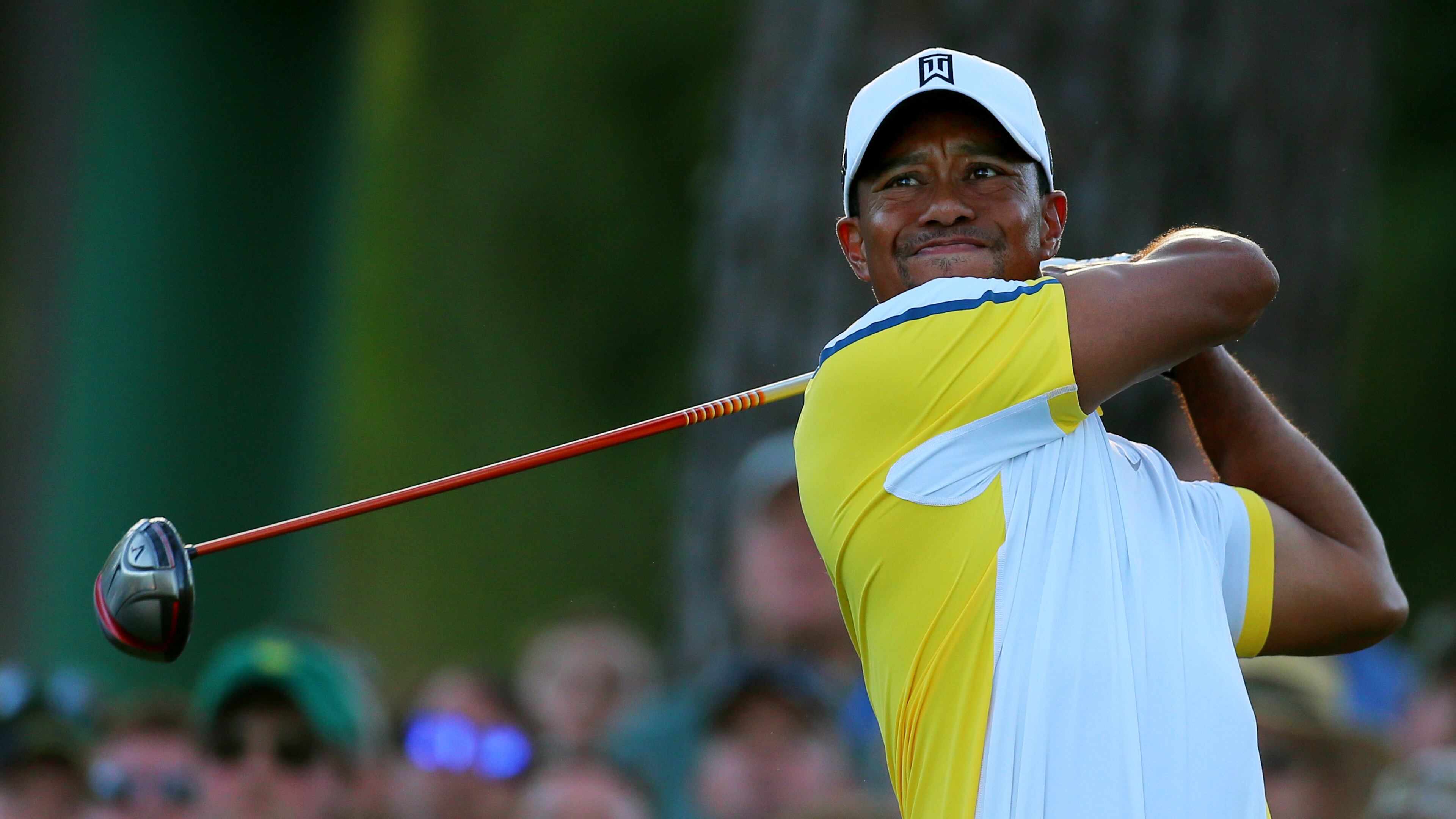 Tiger Woods reacts to his tee shot on #17 during the second round in the Masters Tournament on Friday April 12 2013. CURTIS COMPTON / CCOMPTON@AJC.COM