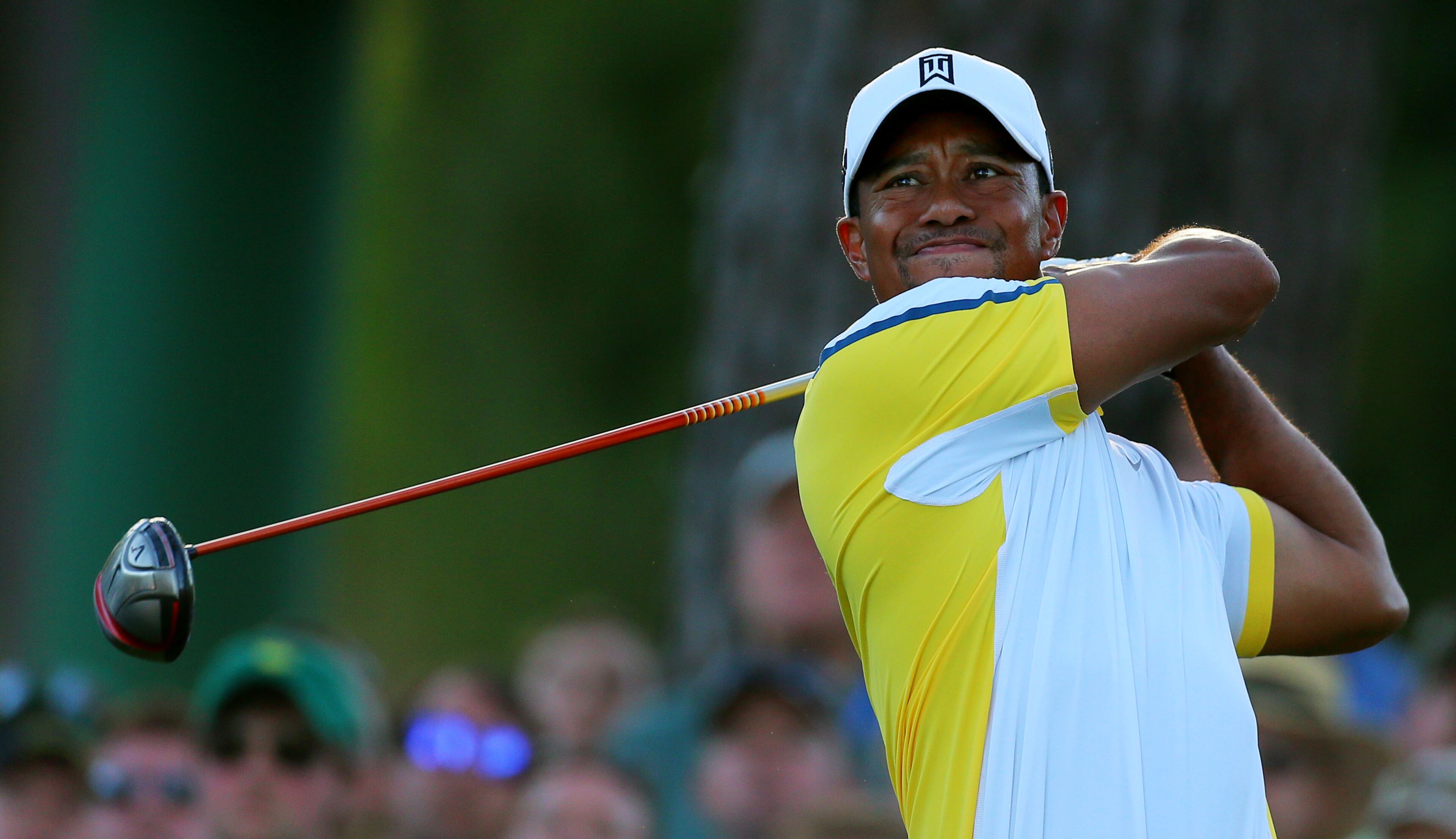 Tiger Woods reacts to his tee shot on #17 during the second round in the Masters Tournament on Friday April 12 2013. CURTIS COMPTON / CCOMPTON@AJC.COM