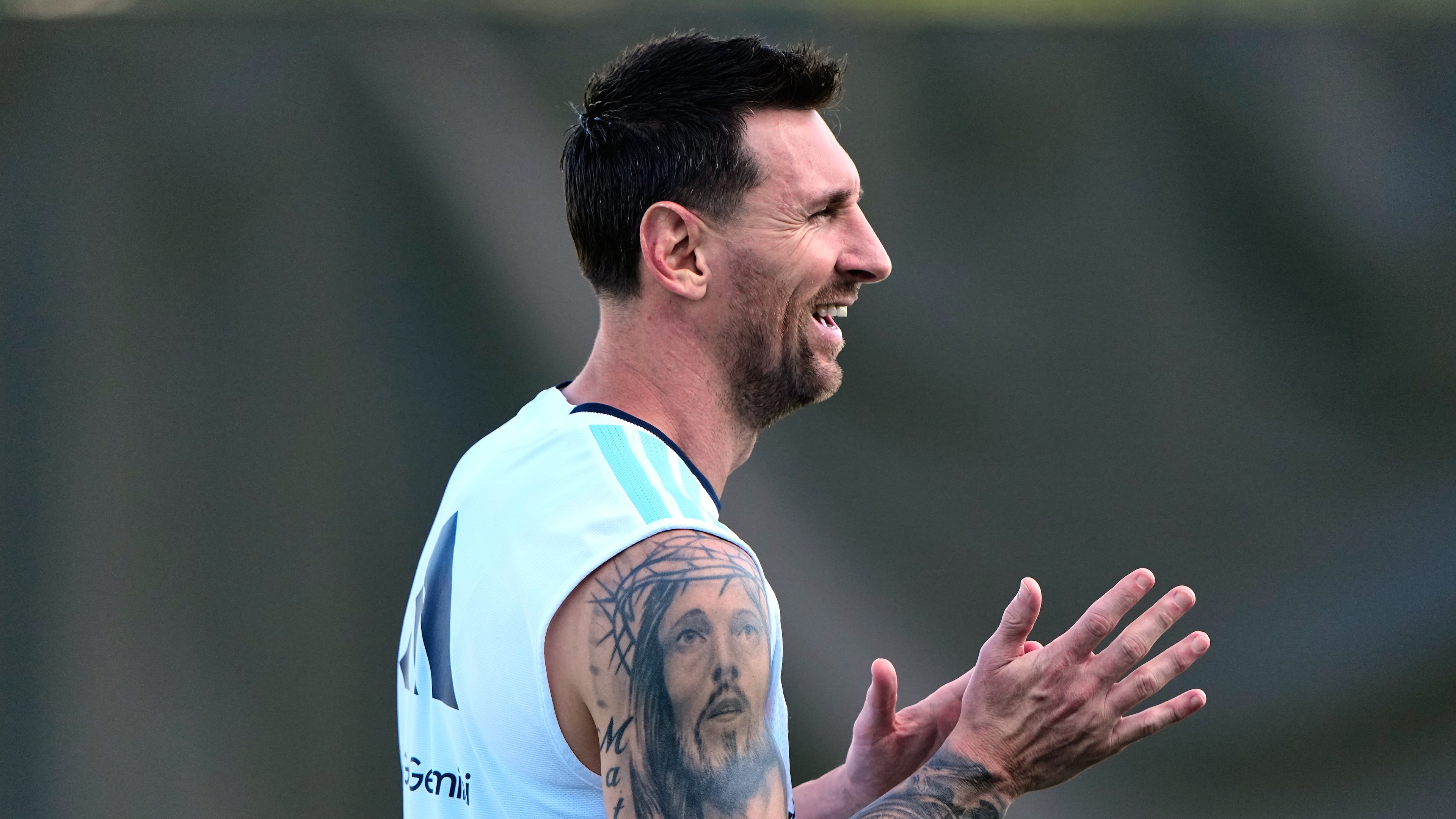 Argentina's Lionel Messi watches training for the World Cup soccer tournament Wednesday, June 24, 2026, in Kansas City, Kan. (AP Photo/Charlie Riedel)