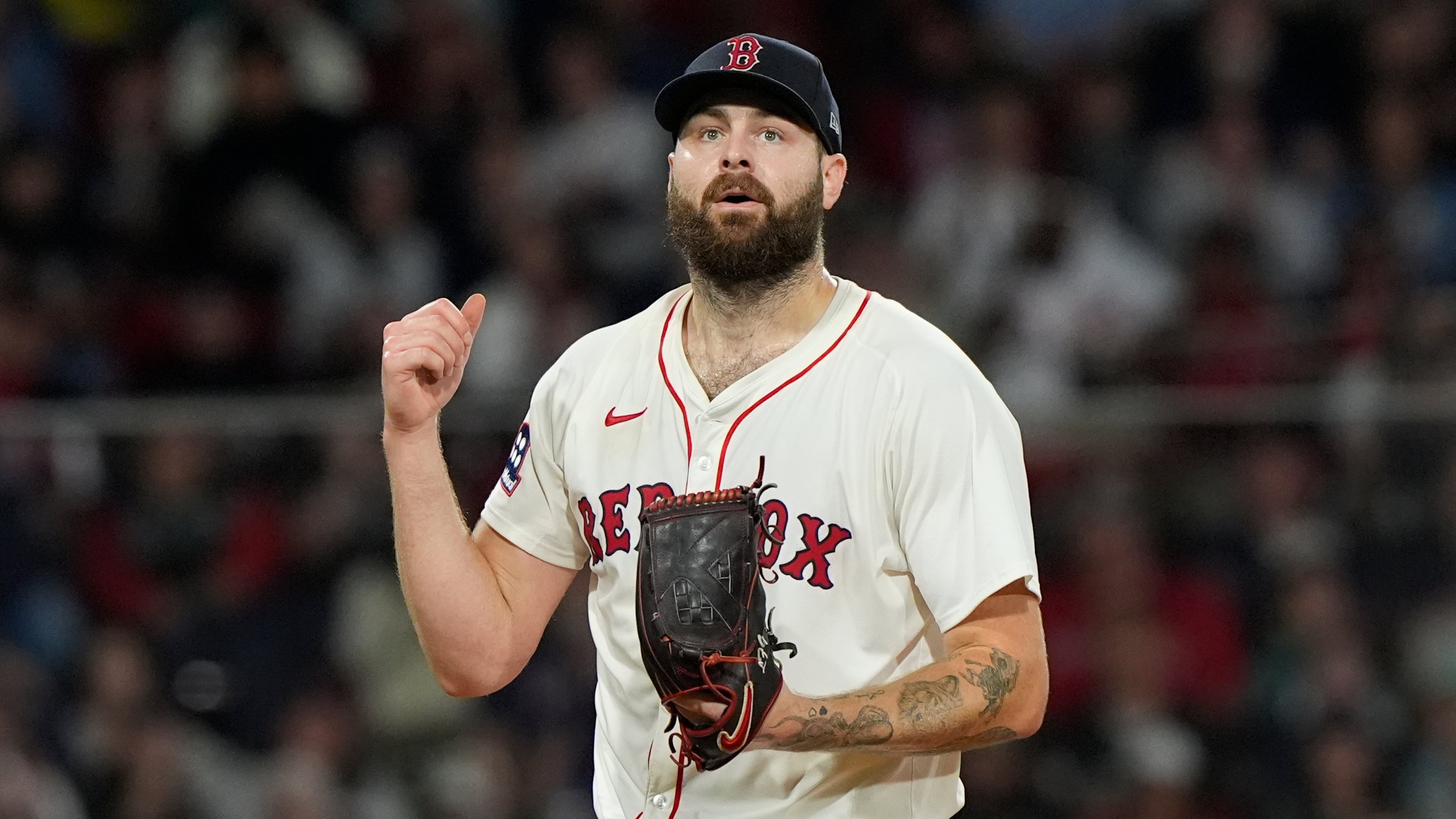 FILE - Boston Red Sox pitcher Lucas Giolito reacts after striking out Athletics Lawrence Butler with the bases loaded in the third inning in of a baseball game against the Athletics, Wednesday, Sept. 17, 2025, in Boston. (AP Photo/Robert F. Bukaty, File)