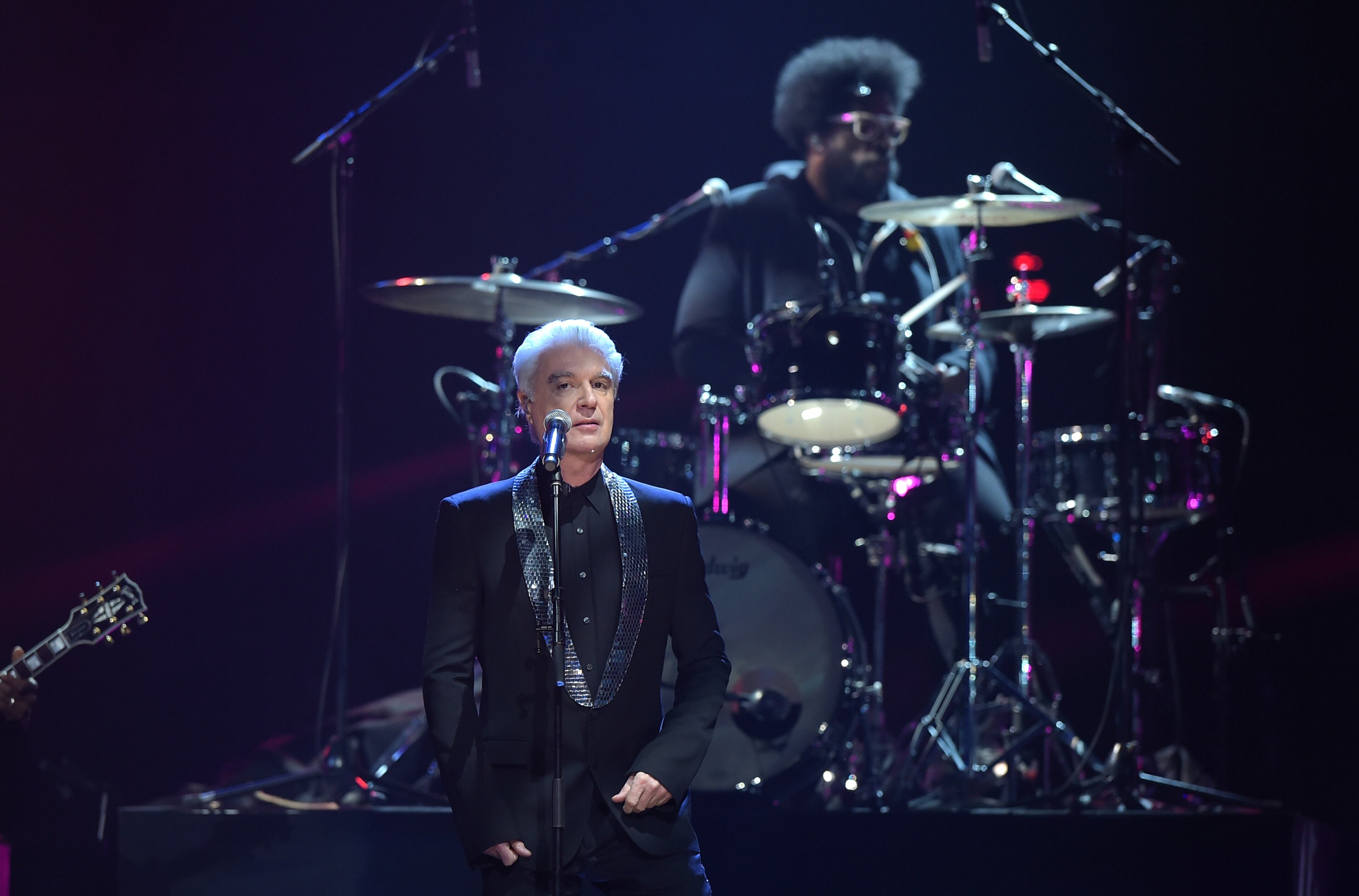 NEW YORK, NEW YORK - APRIL 08: David Byrne performs at the 31st Annual Rock And Roll Hall Of Fame Induction Ceremony at Barclays Center on April 8, 2016 in New York City. (Photo by Theo Wargo/Getty Images)
